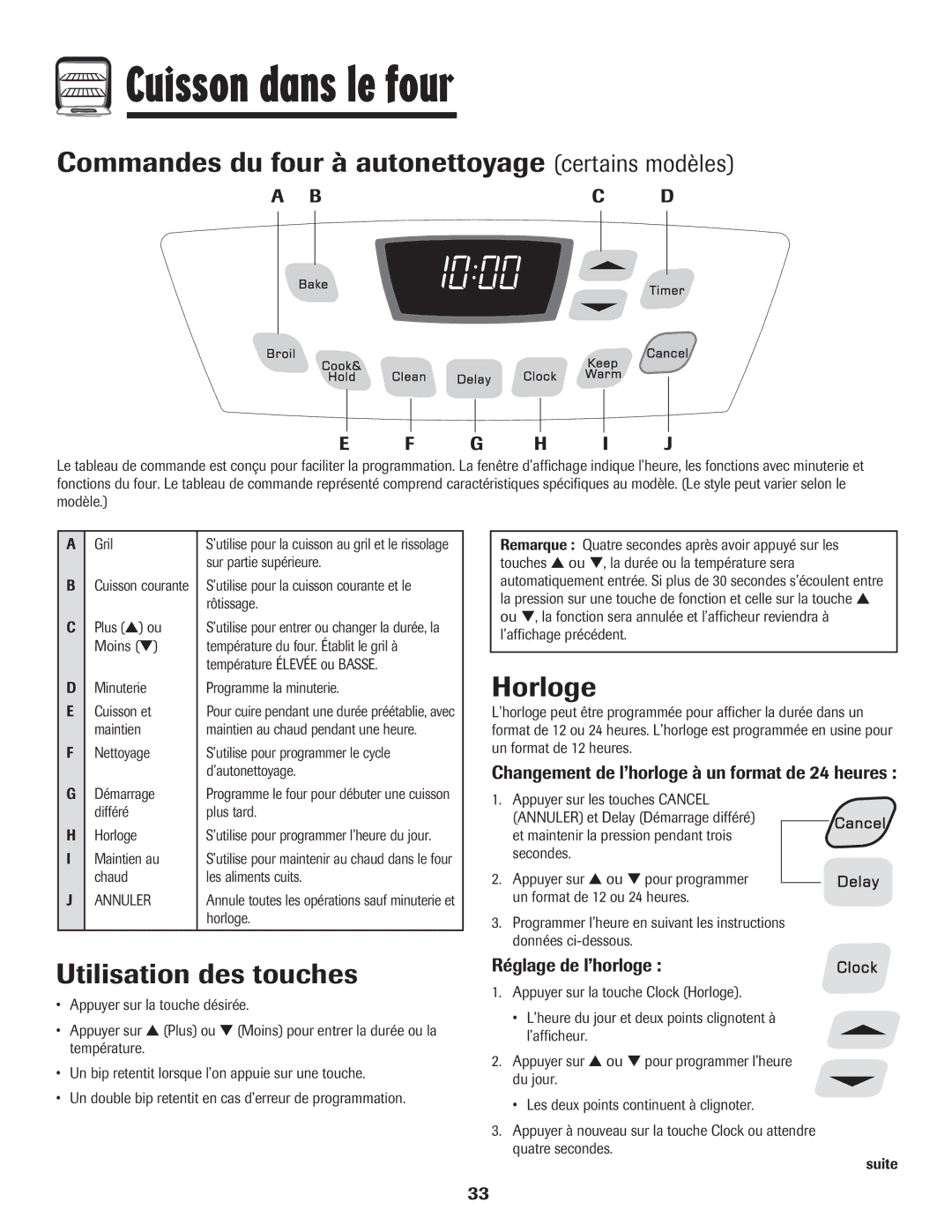 Amana Coil Commandes du four à autonettoyage certains modèles, Horloge, Bc D G H I J, Réglage de l’horloge 