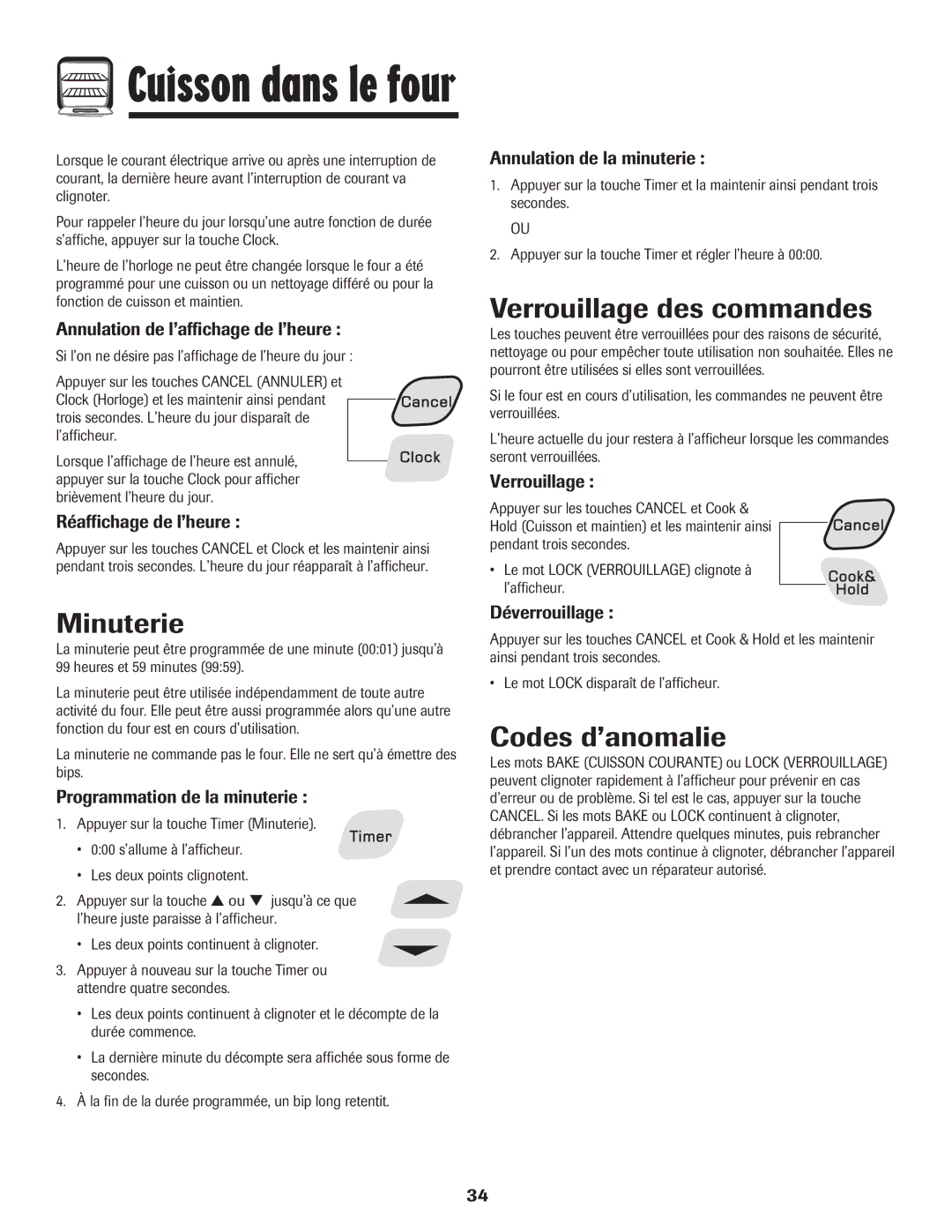 Amana Coil important safety instructions Minuterie, Verrouillage des commandes, Codes d’anomalie 