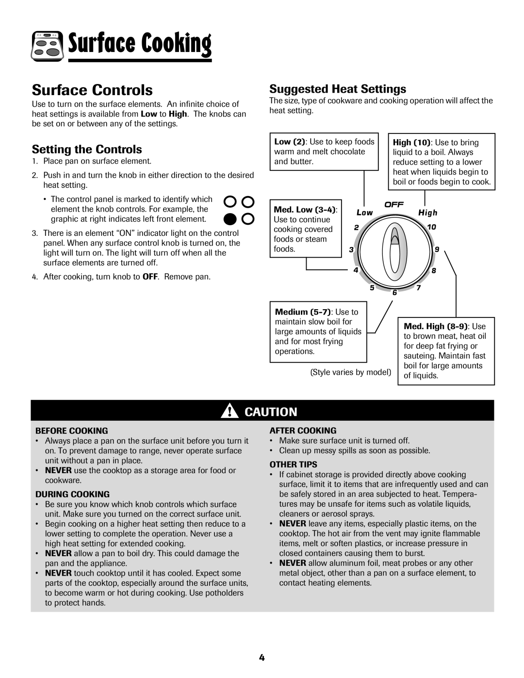 Amana Coil important safety instructions Surface Controls, Suggested Heat Settings, Setting the Controls 