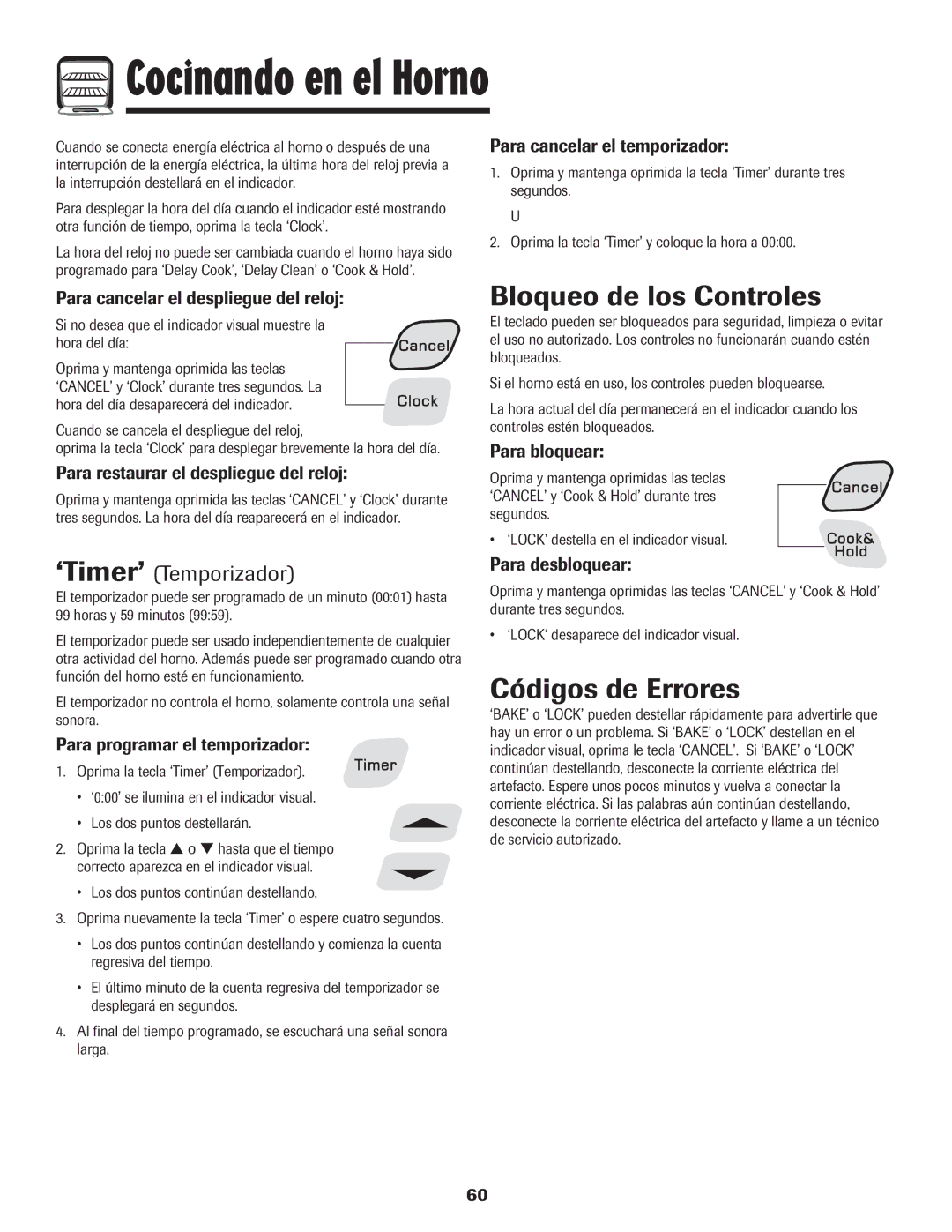 Amana Coil important safety instructions Bloqueo de los Controles, Códigos de Errores, ‘Timer’ Temporizador 