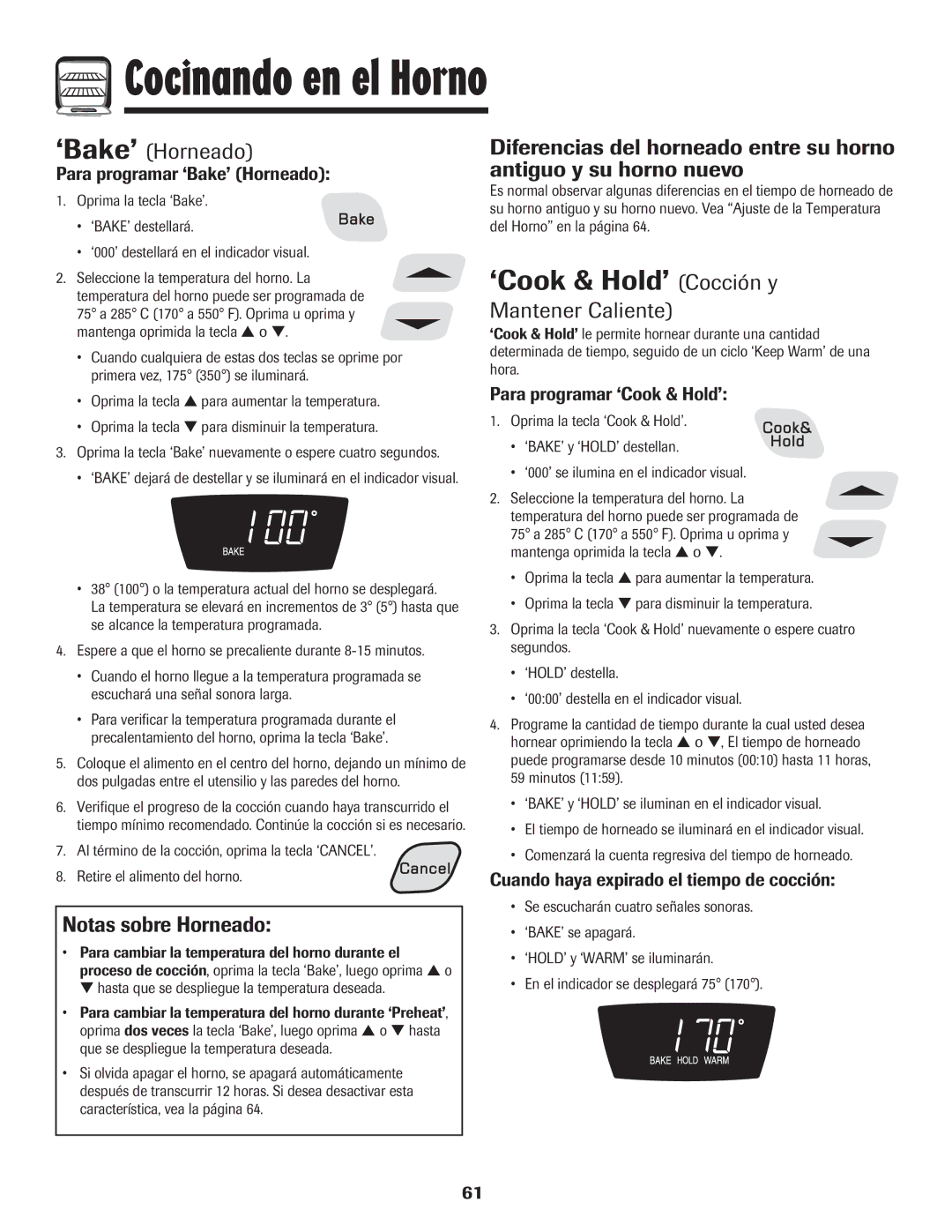 Amana Coil important safety instructions ‘Cook & Hold’ Cocción y, ‘Bake’ Horneado, Notas sobre Horneado, Mantener Caliente 