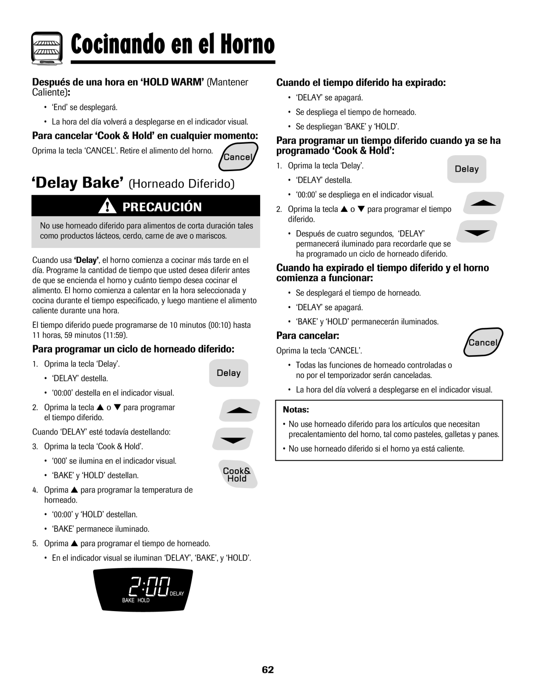 Amana Coil important safety instructions ‘Delay Bake’ Horneado Diferido 