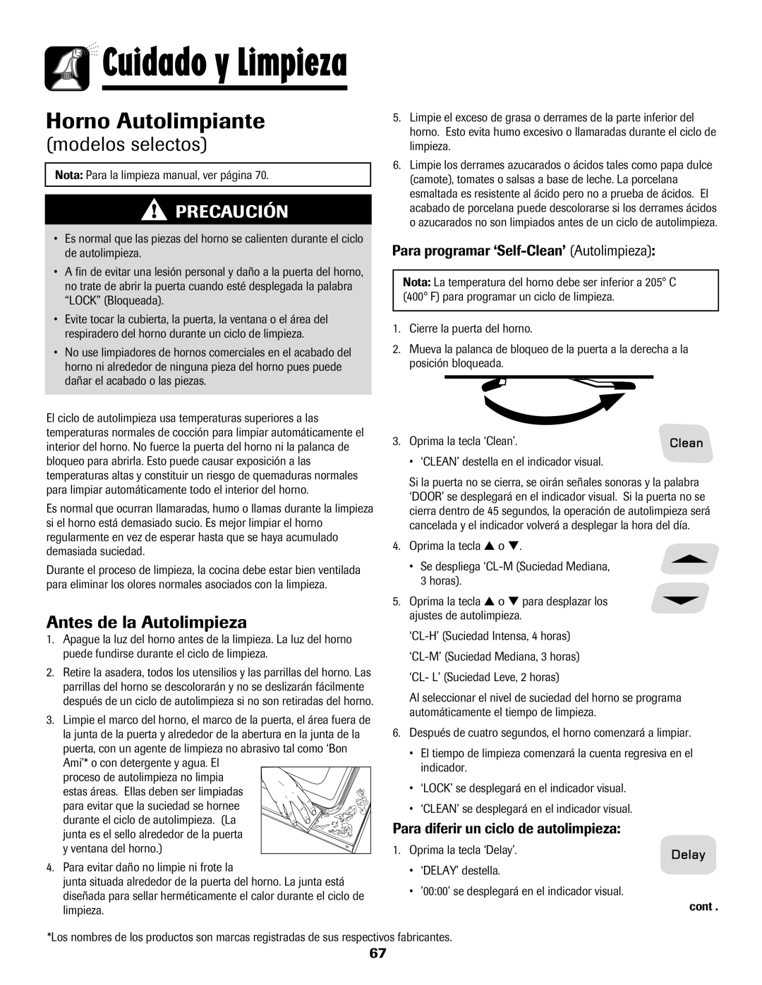 Amana Coil Antes de la Autolimpieza, Para programar ‘Self-Clean’ Autolimpieza, Para diferir un ciclo de autolimpieza 