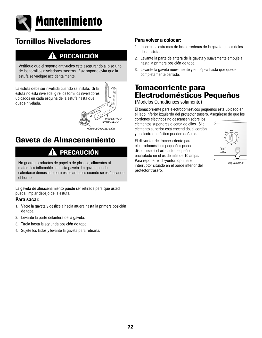 Amana Coil Tornillos Niveladores, Tomacorriente para Electrodomésticos Pequeños, Gaveta de Almacenamiento 