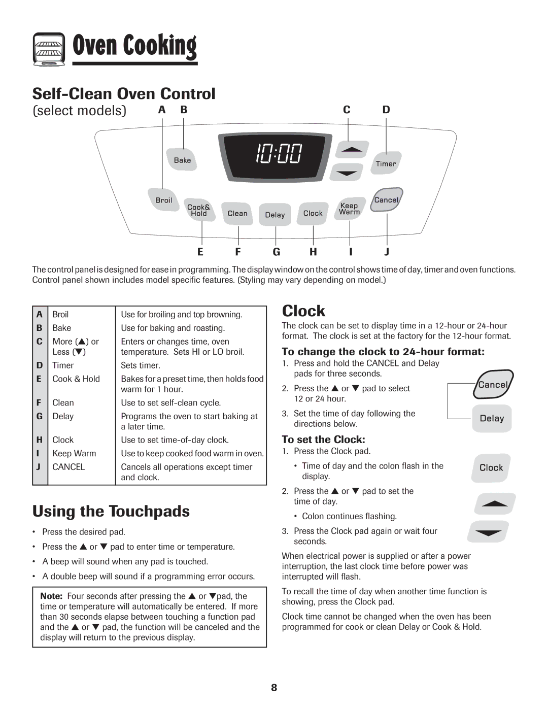 Amana Coil Self-Clean Oven Control, G H I J, To change the clock to 24-hour format, To set the Clock 