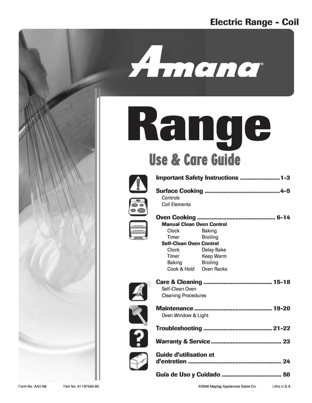 Amana important safety instructions Electric Range - Coil, Use & Care Guide 