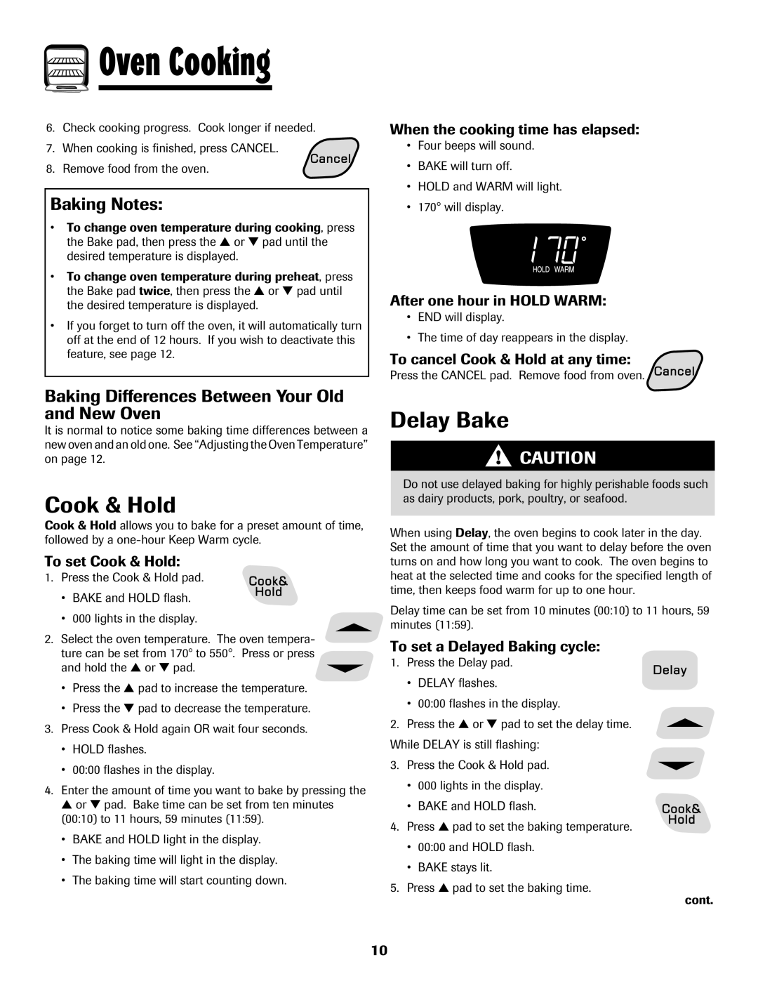 Amana Coil Delay Bake, Baking Notes, Baking Differences Between Your Old and New Oven, To set Cook & Hold 