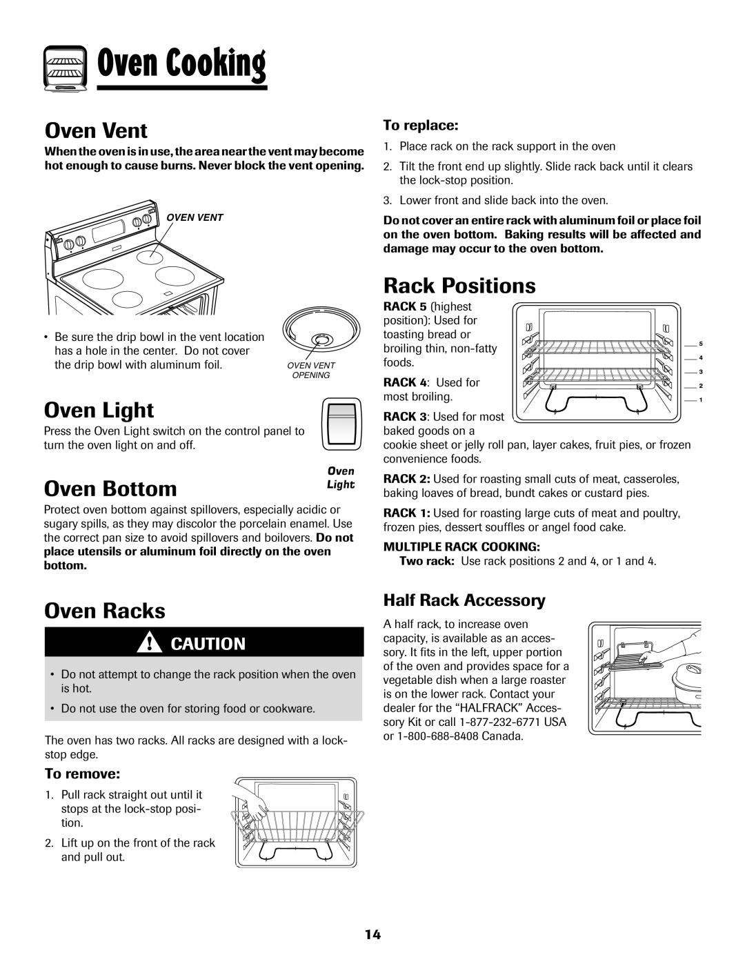 Amana Coil Oven Vent, Oven Light, Oven Bottom, Rack Positions, Oven Racks, Half Rack Accessory, To replace, To remove 