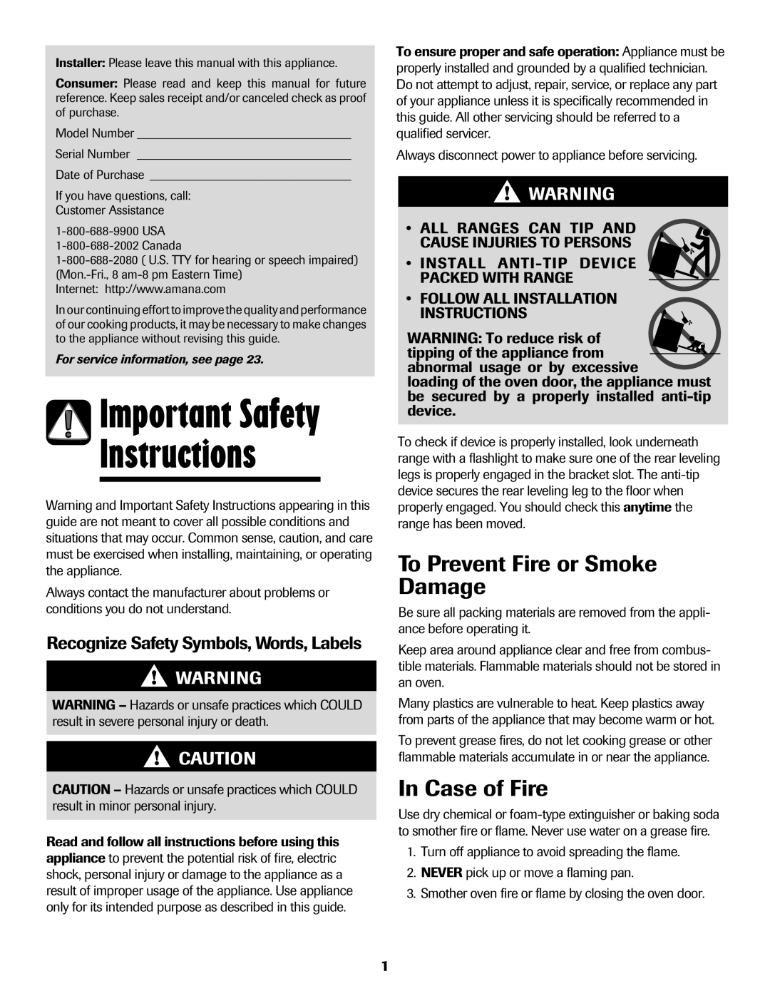 Amana Coil important safety instructions Instructions, Important Safety, To Prevent Fire or Smoke Damage, In Case of Fire 