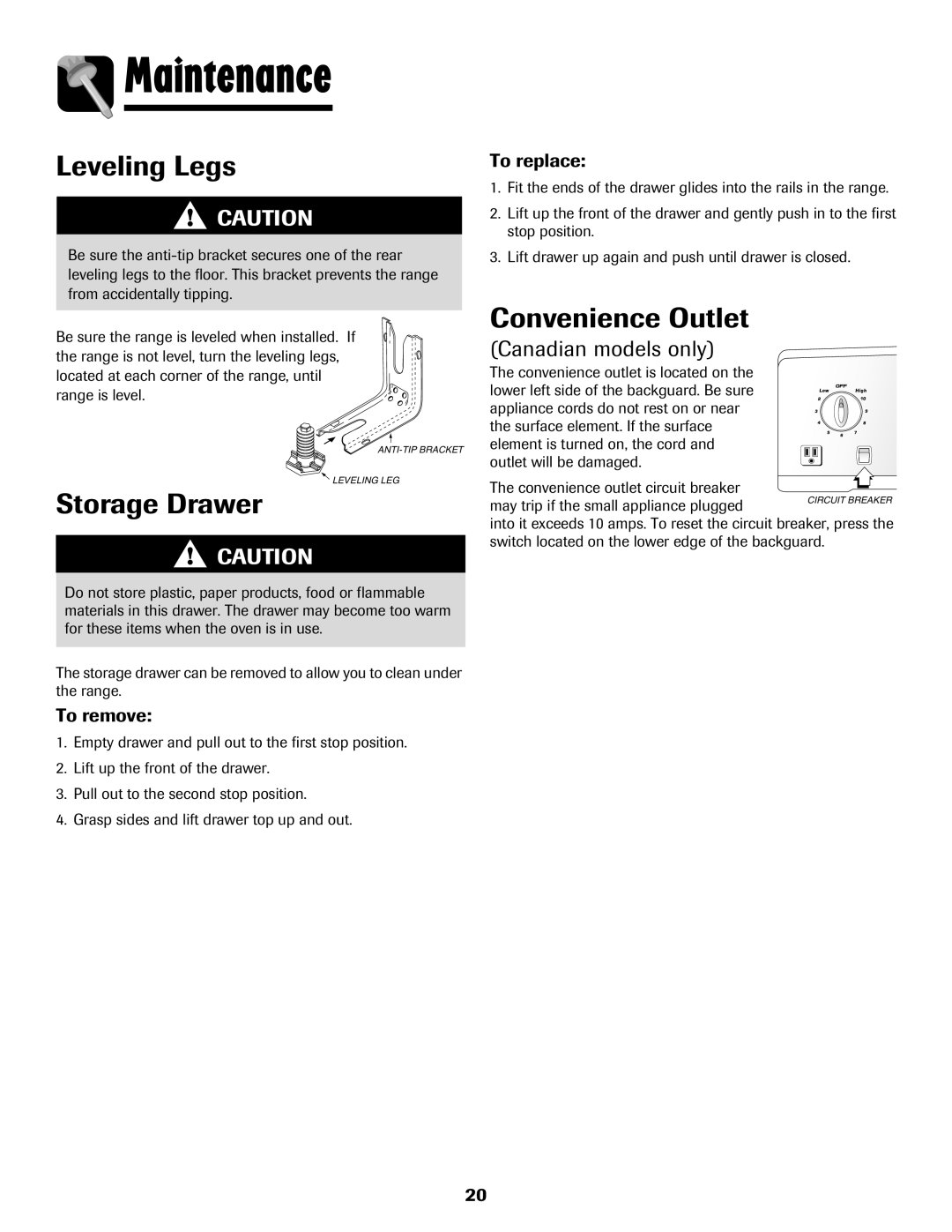 Amana Coil Leveling Legs, Storage Drawer, Convenience Outlet, Canadian models only, Maintenance, To remove, To replace 