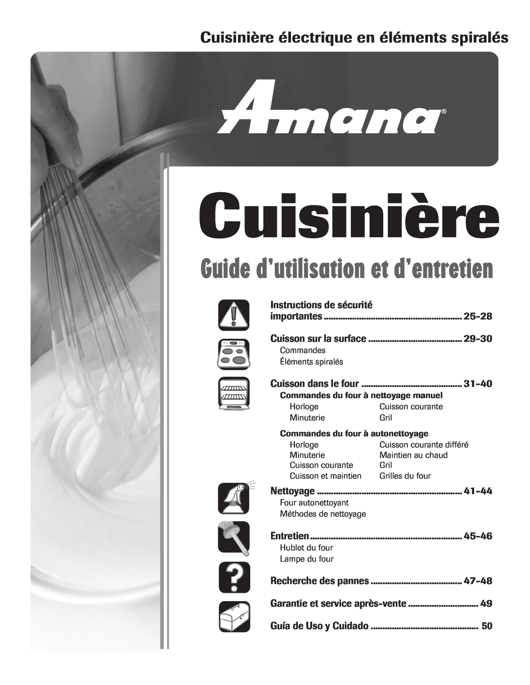 Amana Coil Cuisinière électrique en éléments spiralés, Instructions de sécurité, 25-28, 29-30, 31-40, 41-44, 45-46, 47-48 
