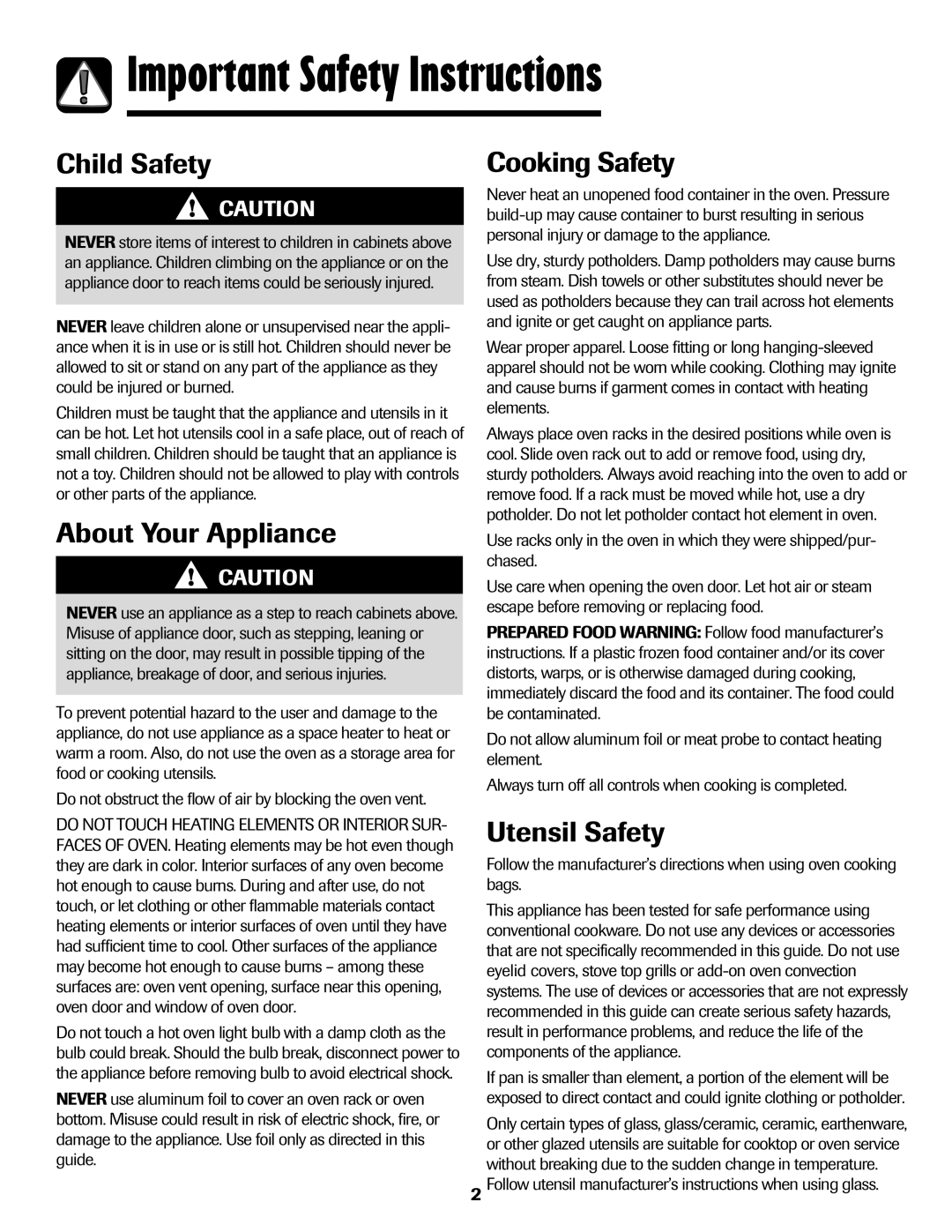 Amana Coil Important Safety Instructions, Child Safety, About Your Appliance, Cooking Safety, Utensil Safety 