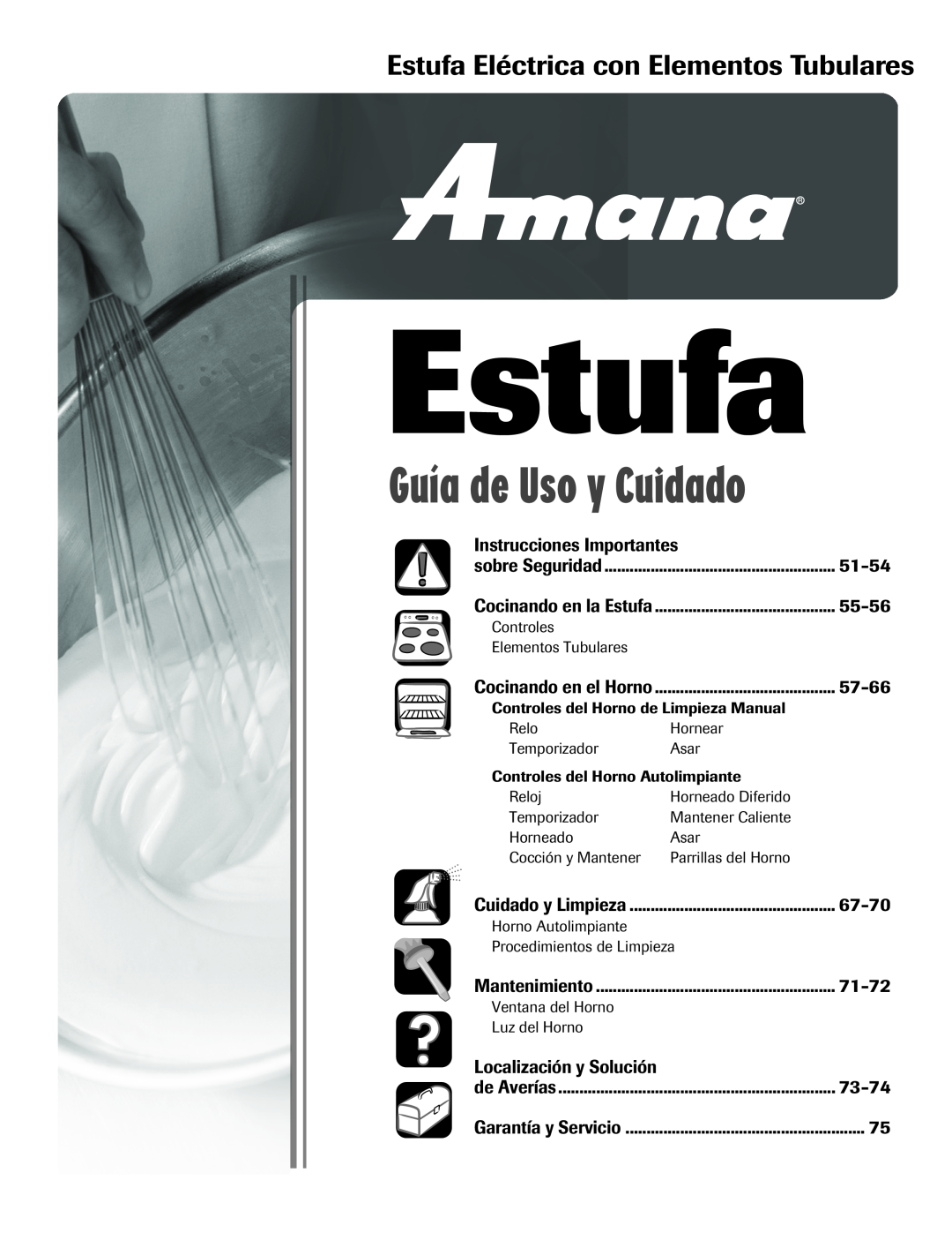 Amana Coil Estufa Eléctrica con Elementos Tubulares, Instrucciones Importantes, 51-54, 55-56, 57-66, 67-70, 71-72 
