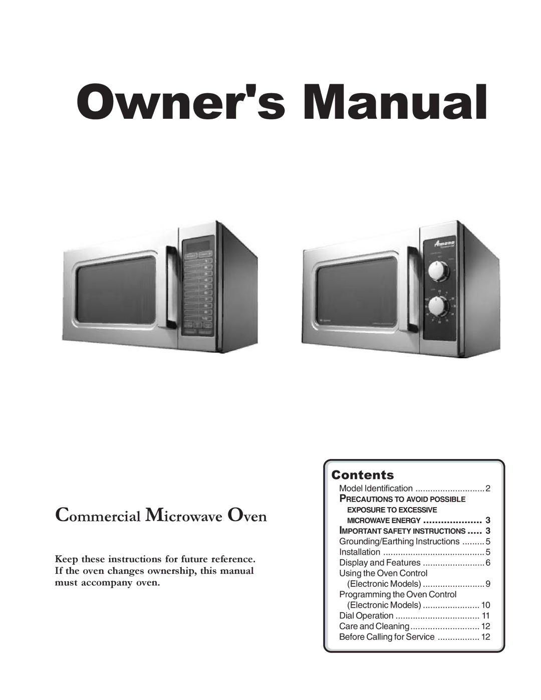 Amana Commercial Microwave Oven owner manual Contents 