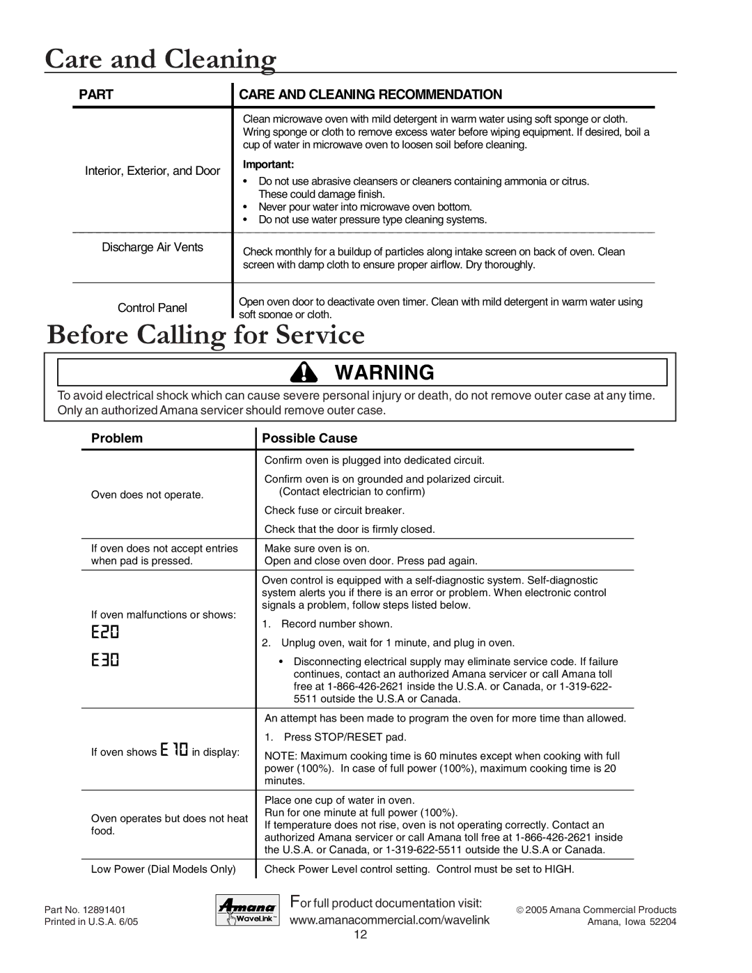 Amana Commercial Microwave Oven owner manual Care and Cleaning, Before Calling for Service 