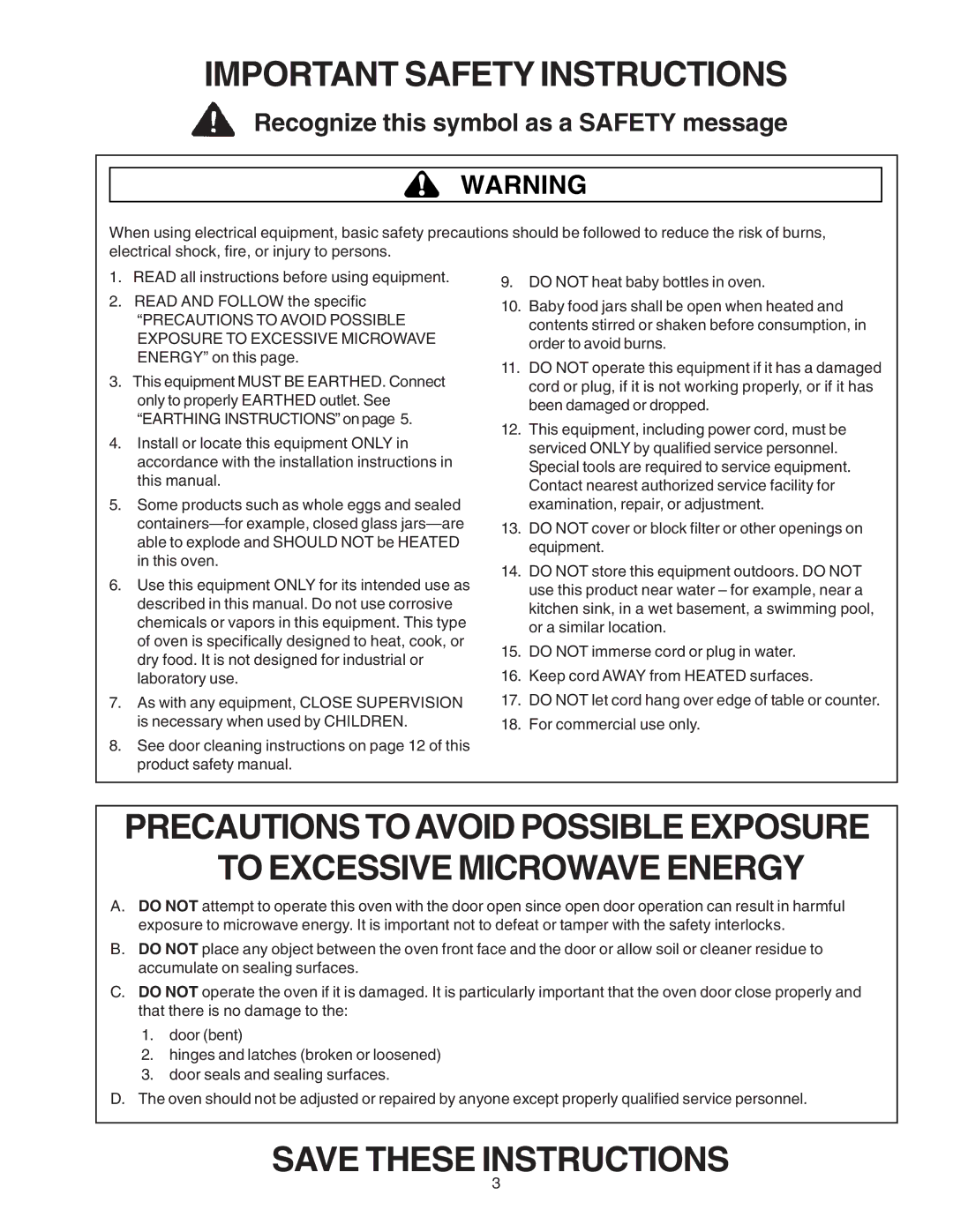 Amana Commercial Microwave Oven owner manual Important Safety Instructions 