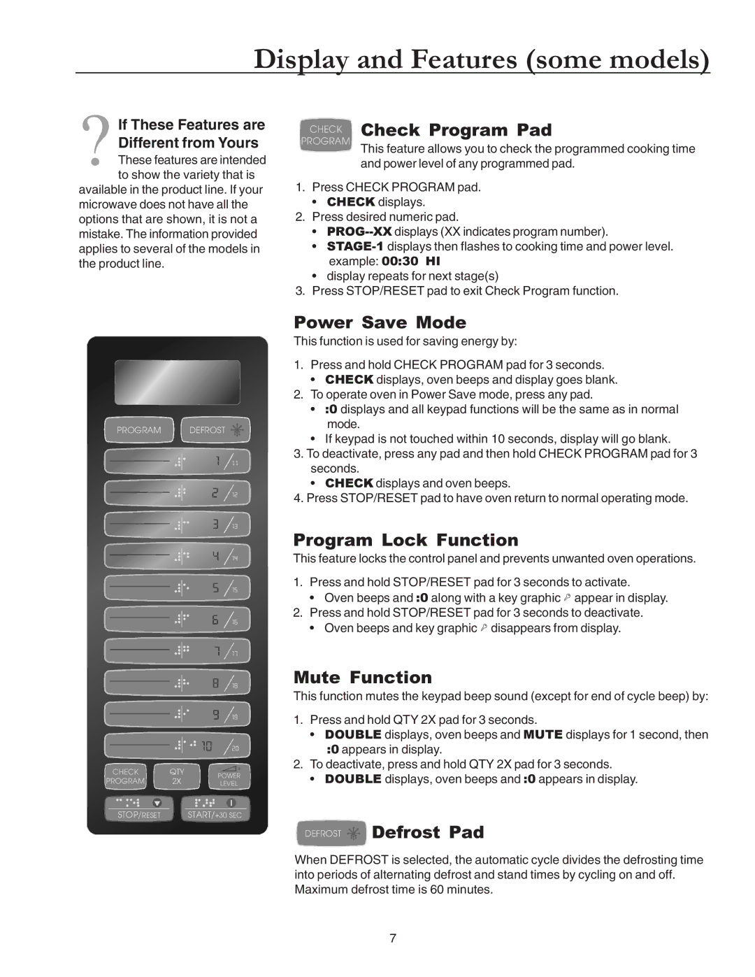 Amana Commercial Microwave Oven owner manual Check Program Pad, Power Save Mode, Program Lock Function, Mute Function 