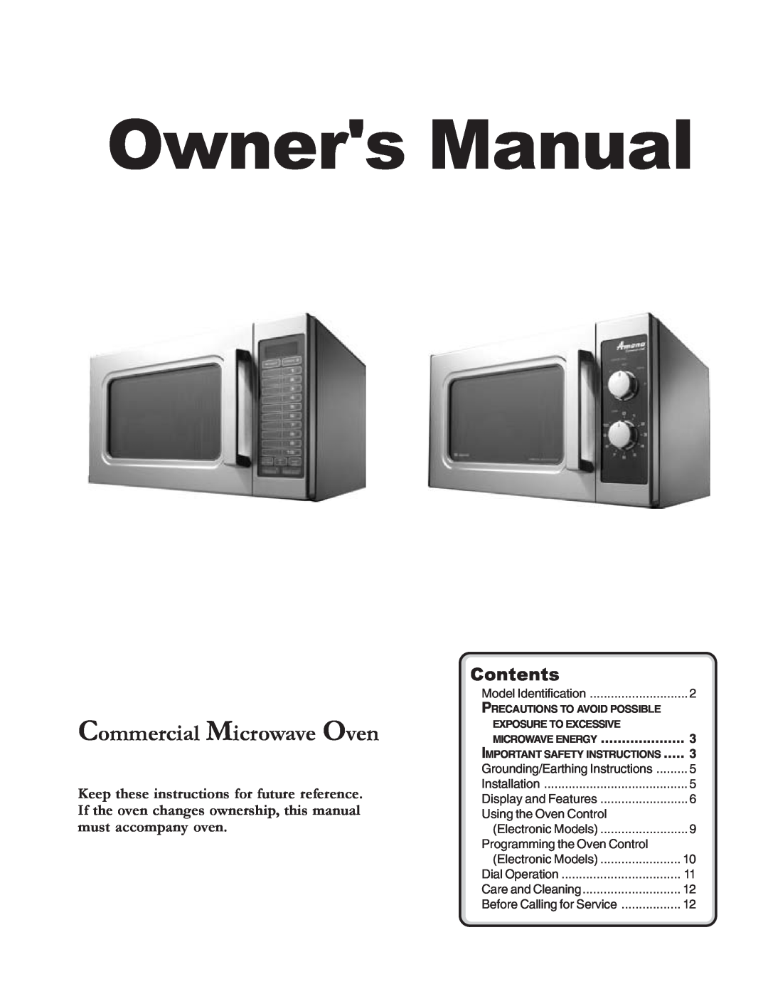 Amana Commercial Microwave Oven owner manual Contents, Microwave Energy, Precautions To Avoid Possible 