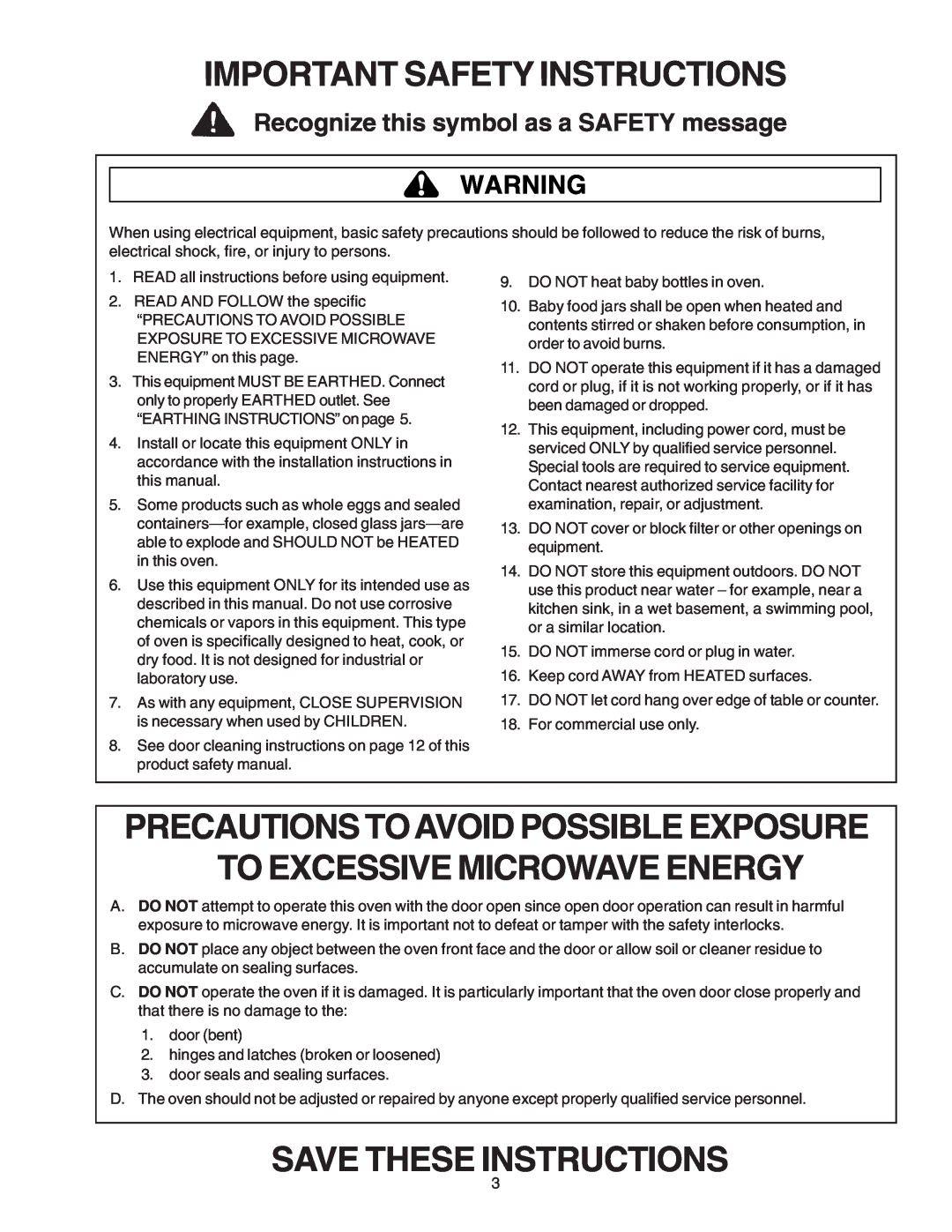 Amana Commercial Microwave Oven owner manual Important Safety Instructions, Save These Instructions 