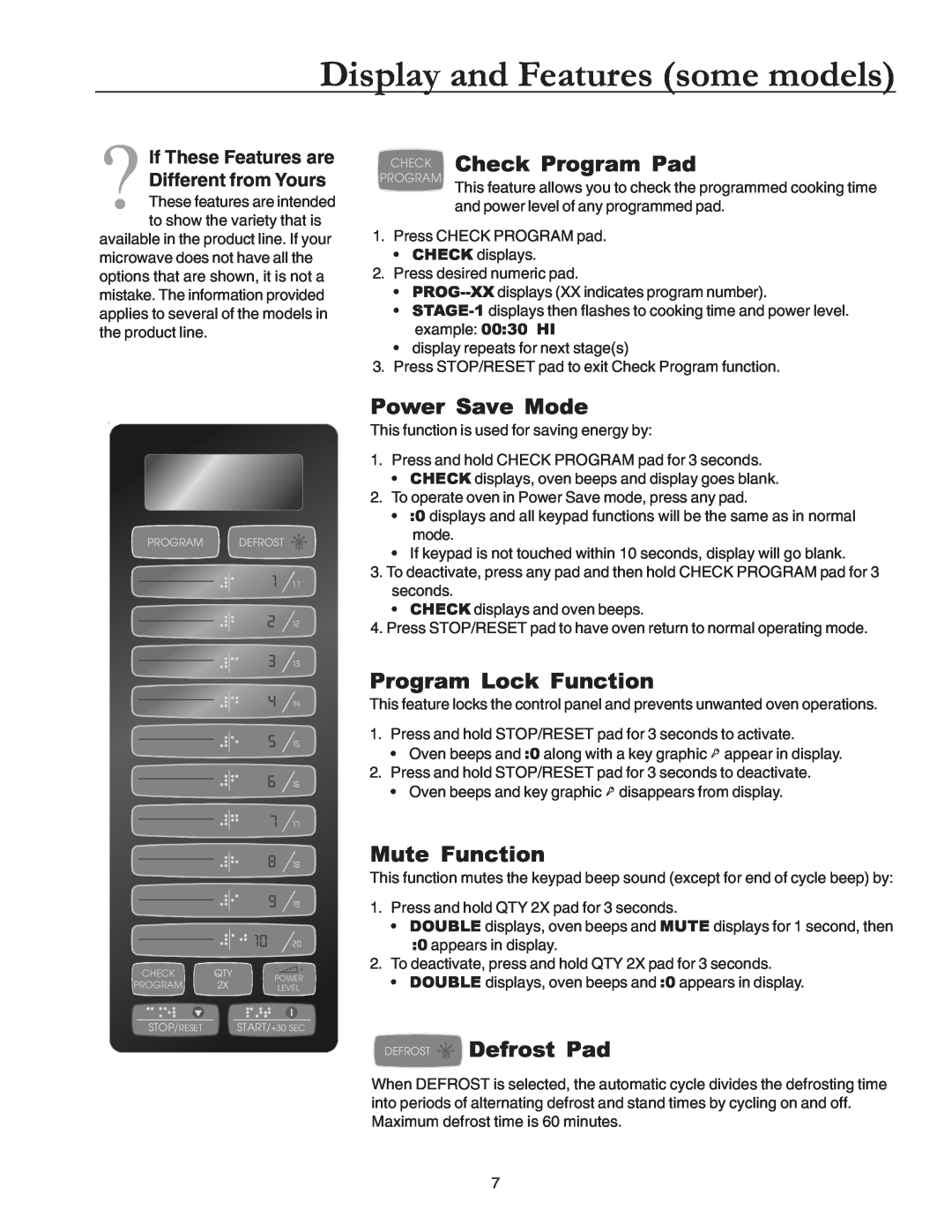 Amana Commercial Microwave Oven owner manual Check Program Pad, Power Save Mode, Program Lock Function, Mute Function 