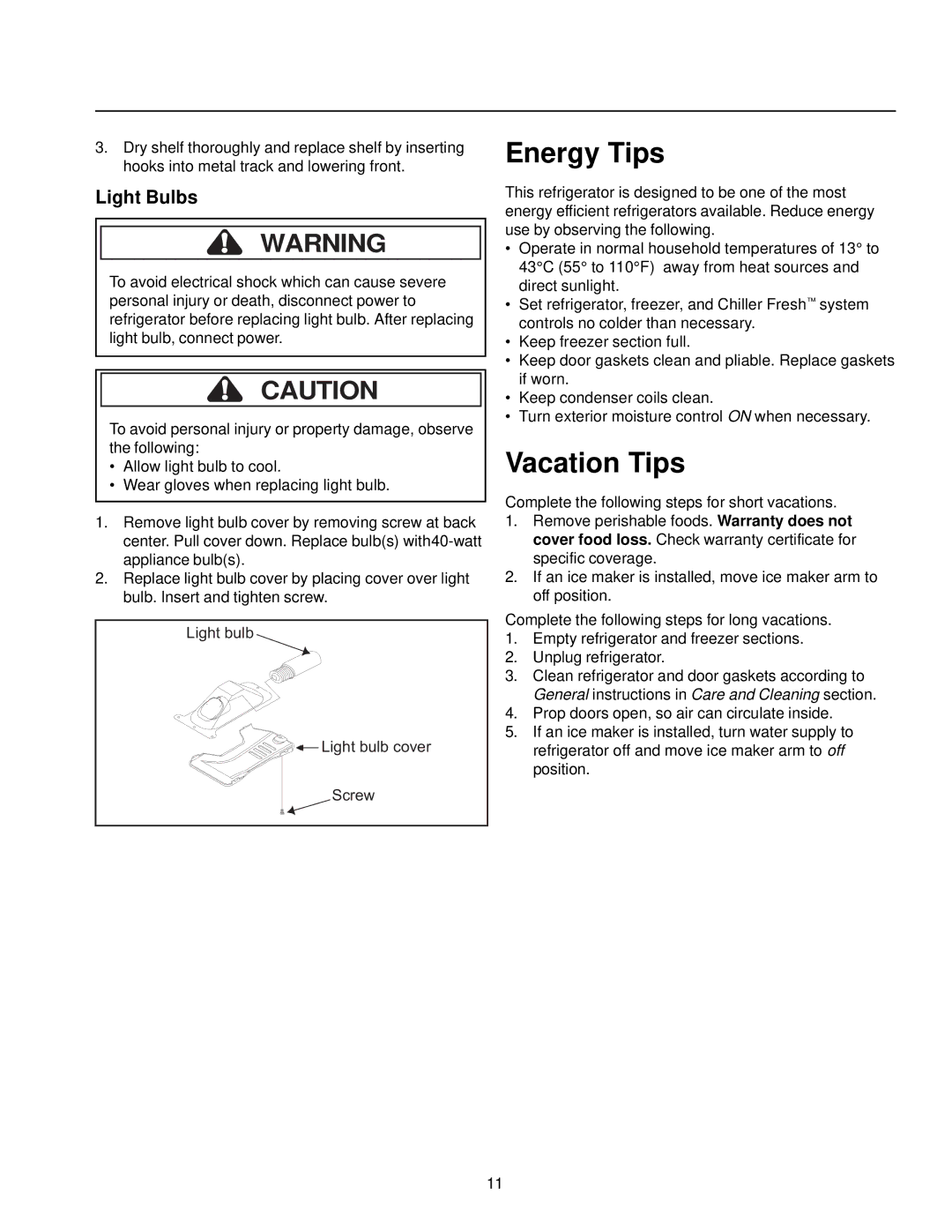 Amana Compact Refrigerator Freezer owner manual Energy Tips, Vacation Tips, Light Bulbs 