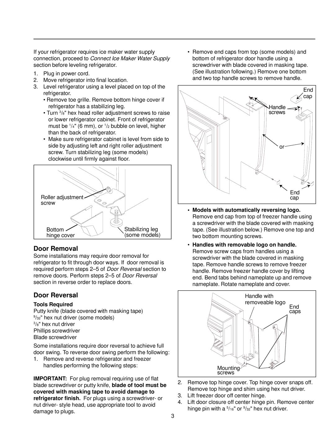 Amana Compact Refrigerator Freezer owner manual Door Removal, Door Reversal 