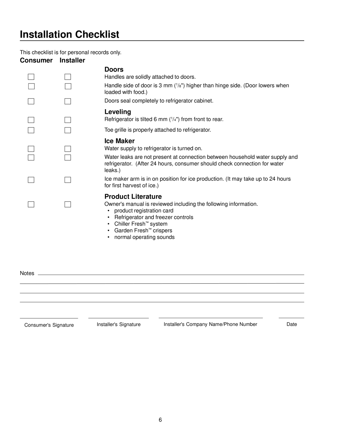 Amana Compact Refrigerator Freezer owner manual Installation Checklist, Consumer Installer Doors, Leveling, Ice Maker 