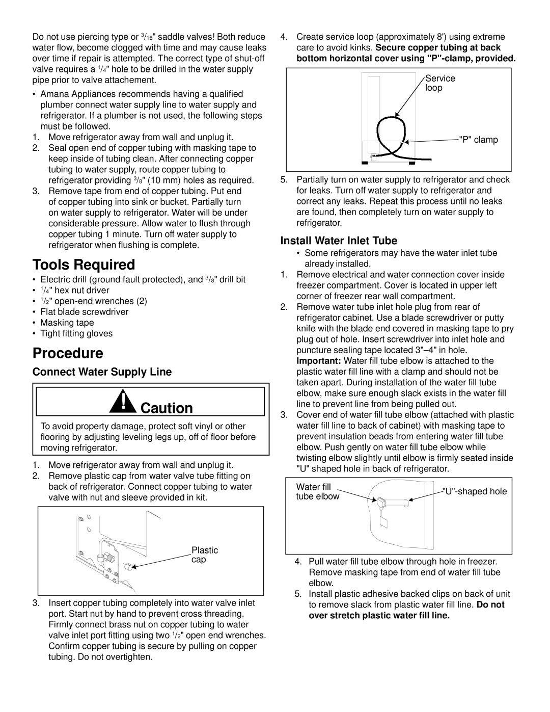 Amana D7824703 installation instructions Tools Required, Procedure, Connect Water Supply Line, Install Water Inlet Tube 