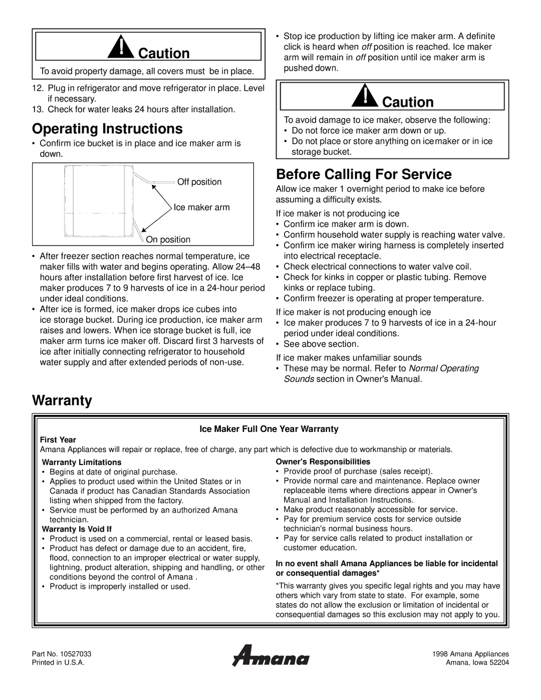 Amana D7824703 Operating Instructions, Before Calling For Service, Ice Maker Full One Year Warranty 