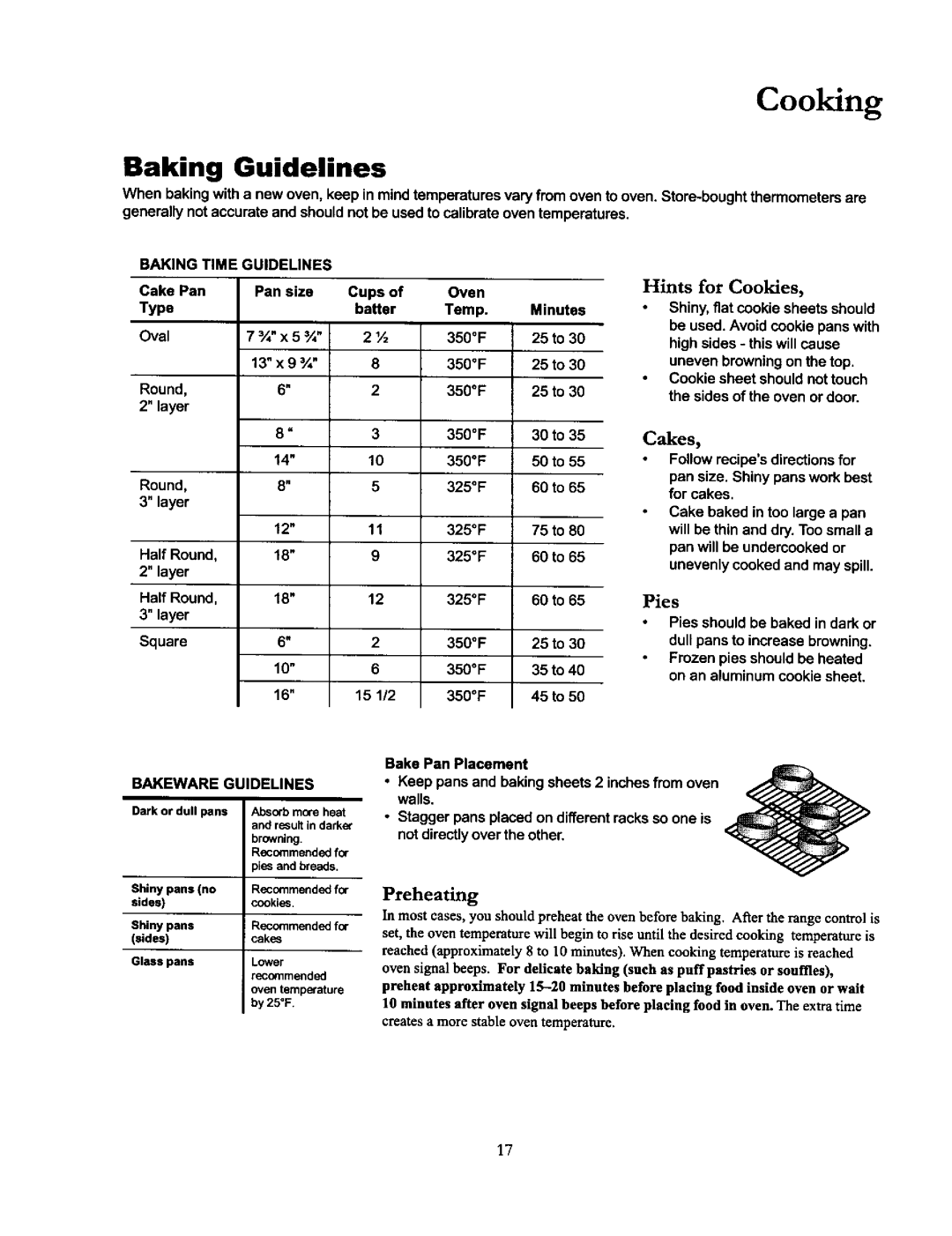 Amana ACF4215A, DCF4205, ACF4205A owner manual Cooking, Baking Guidelines, Pies, Baking Time Guidelines, Bakeware Guidelines 