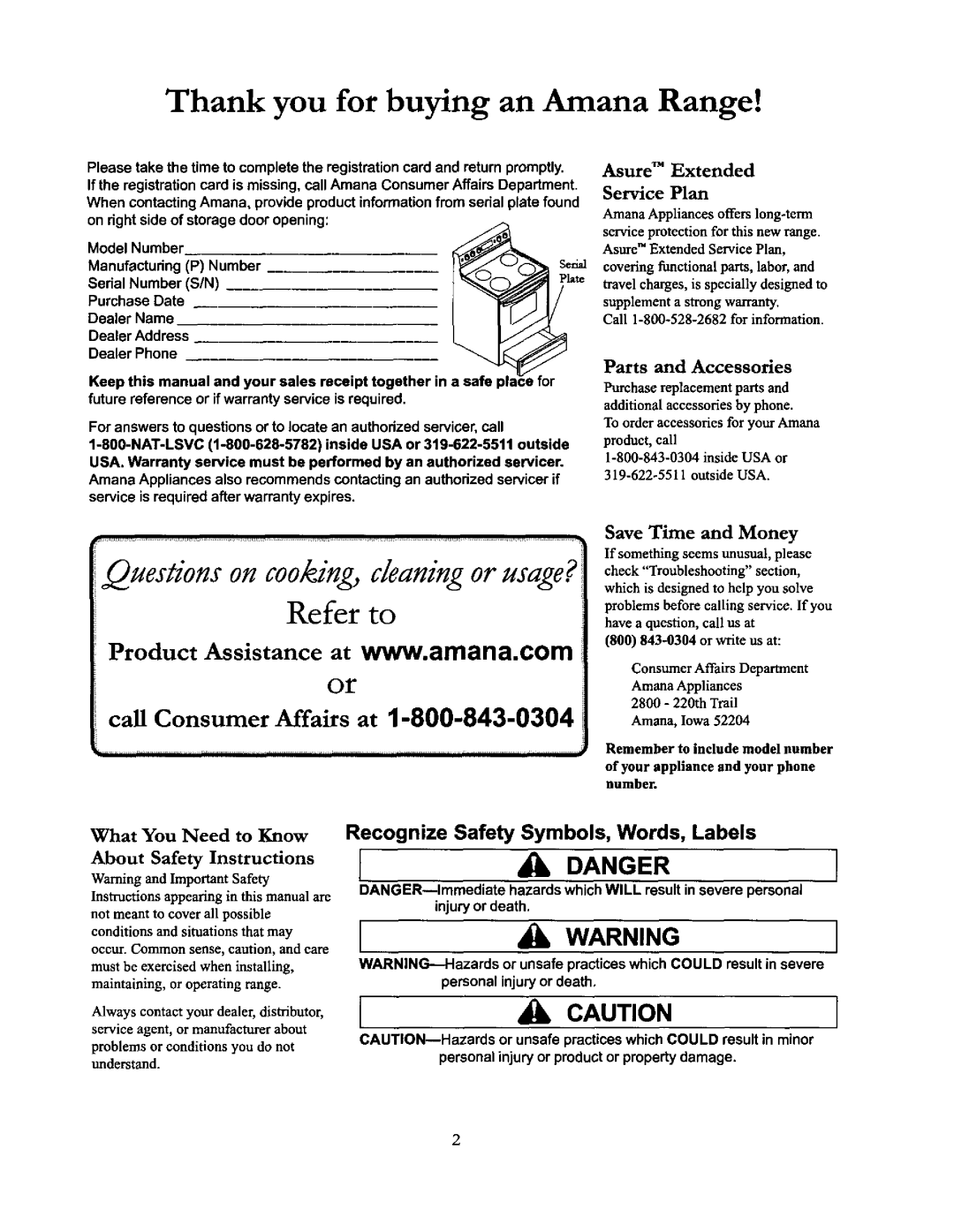 Amana ACF4215A, DCF4205, ACF4205A Asure TM Extended, Service Plan, Save Time and Money, About Safety Instructions 