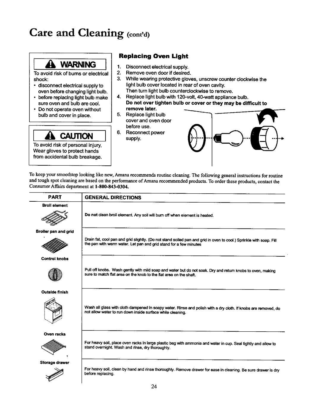 Amana DCF4205, ACF4205A, ACF4215A owner manual Care and Cleaning om,d, Do not operate oven without bulb and cover in place 