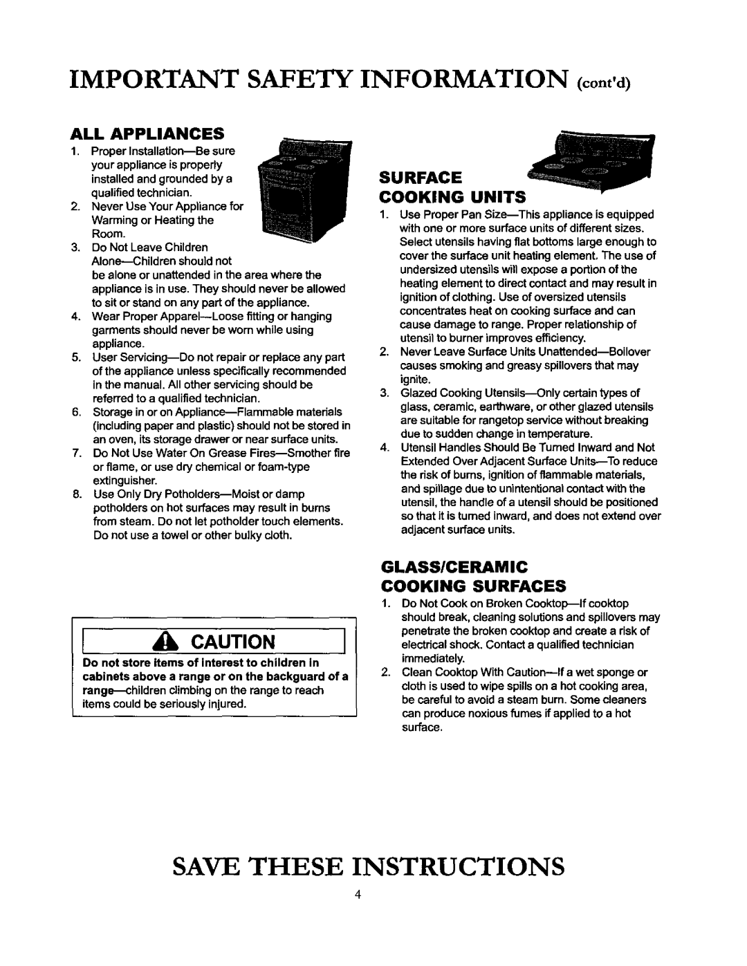 Amana ACF4205A, DCF4205, ACF4215A owner manual Important Safety Information contd, ALL Appliances 