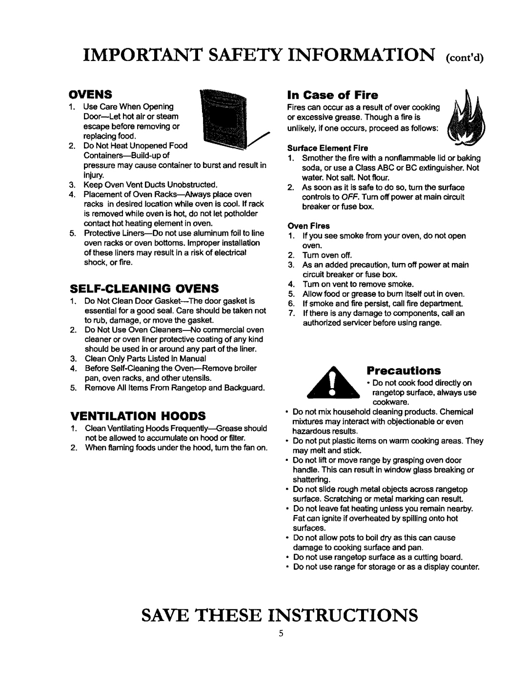 Amana ACF4215A, DCF4205, ACF4205A owner manual Information contd, Case of Fire, Precautions rangetopsurface, always use 