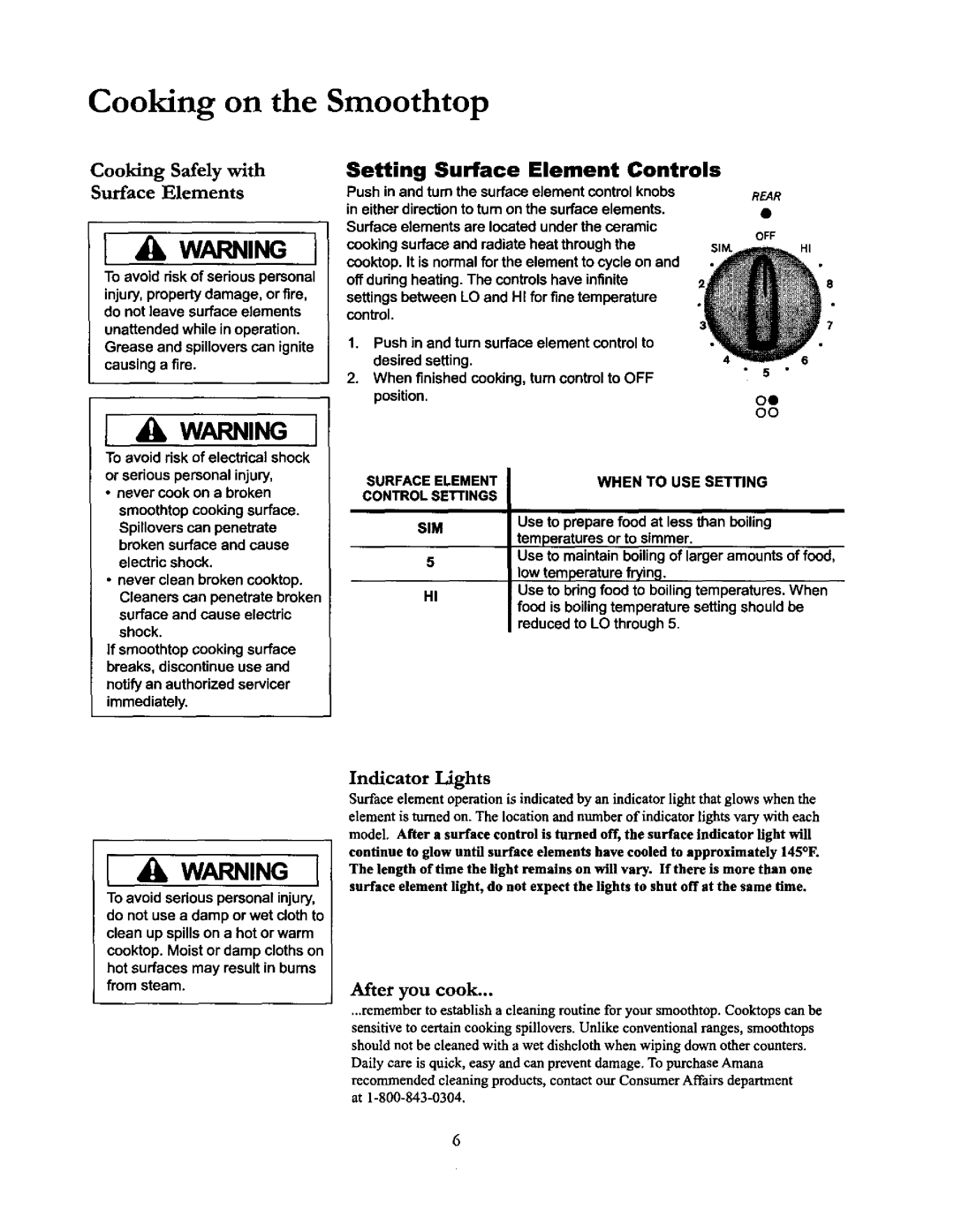 Amana DCF4205 Setting Surface Element Controls, After you cook, Surfaceelement When to USE Setting Controlsettings SIM 