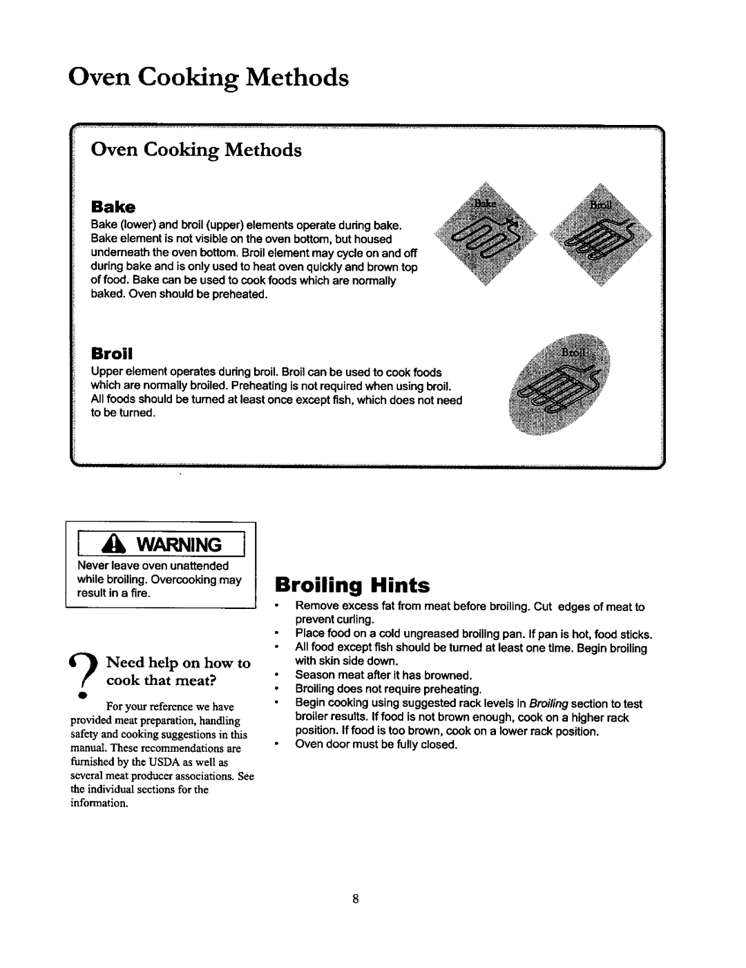 Amana ACF4215A, DCF4205, ACF4205A Oven Cooking Methods, Broiling Hints, Bake, Need help on how to cook that meat? 