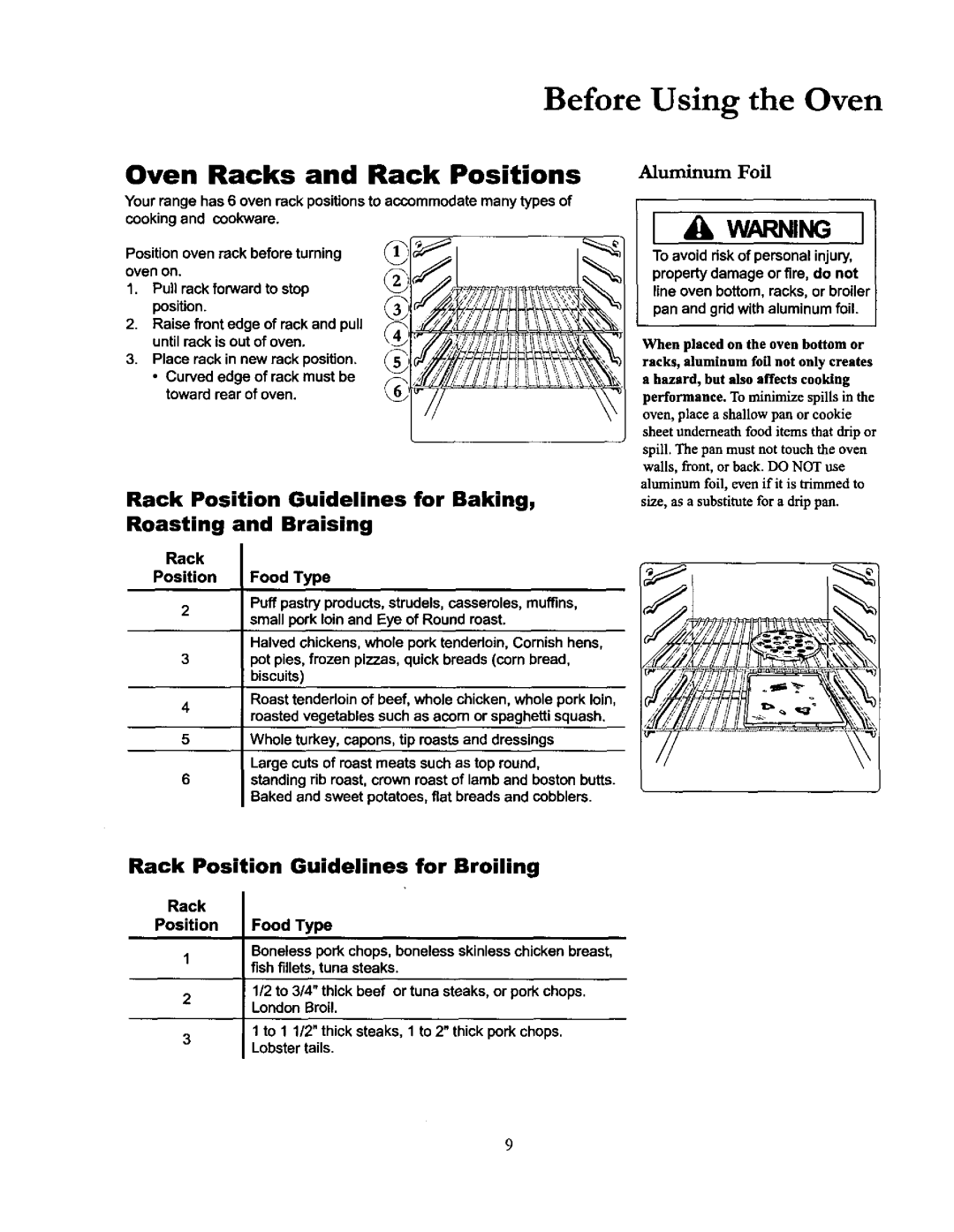 Amana DCF4205 Before Using the Oven, Oven Racks and Rack Positions, Rack Position Guidelines for Broiling, Aluminum Foil 