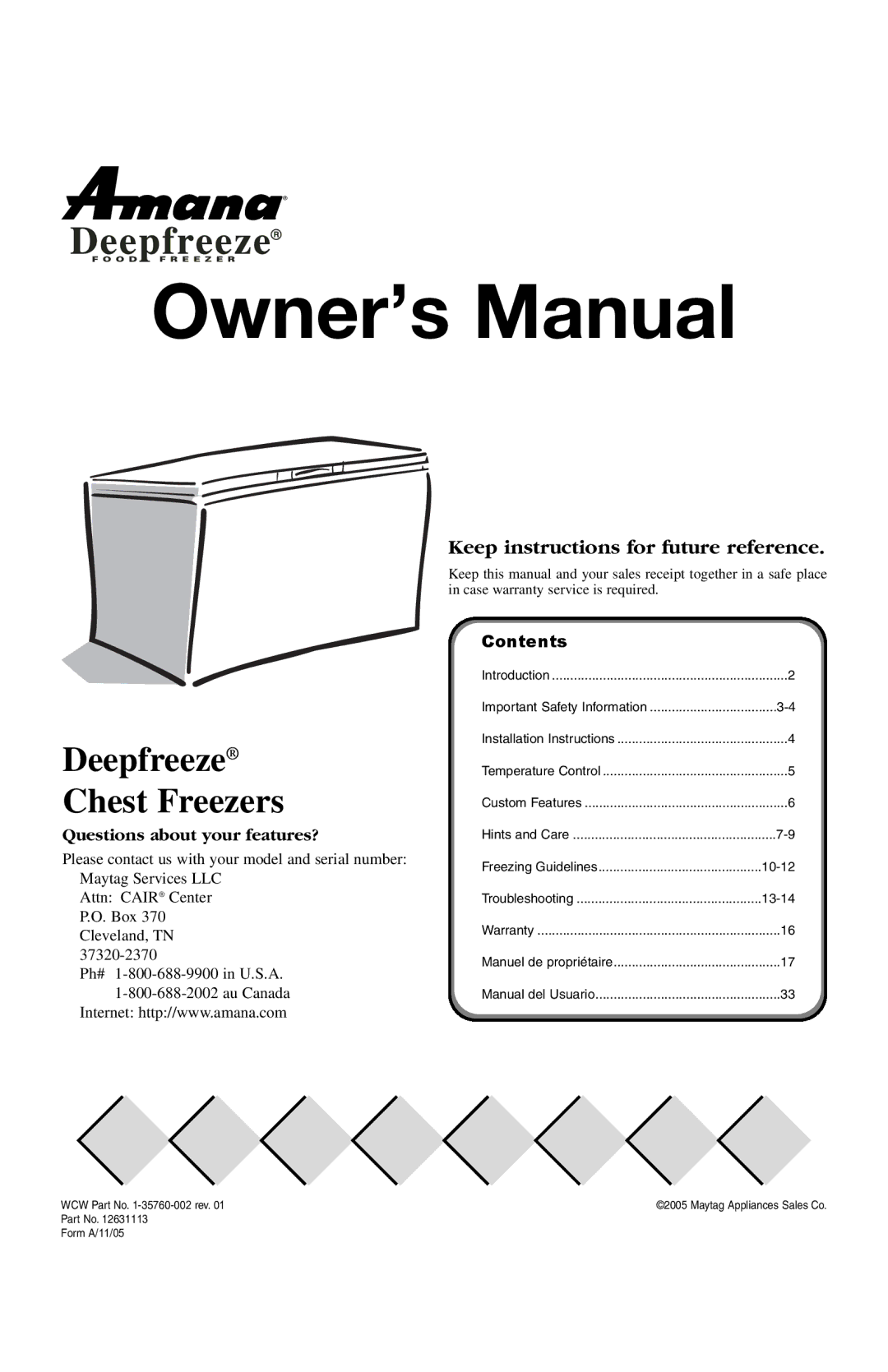 Amana owner manual Deepfreeze Chest Freezers 