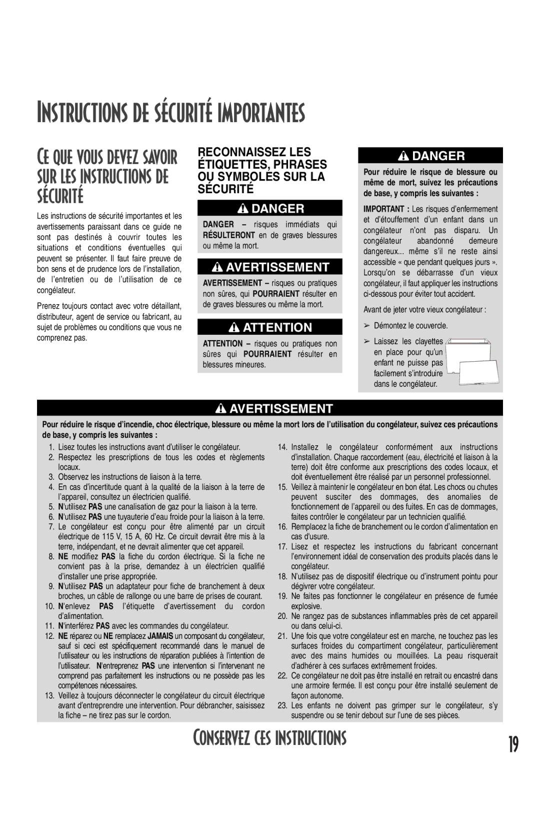 Amana Deepfreeze Chest Freezer owner manual Instructions de sécurité importantes, Conservez ces instructions 