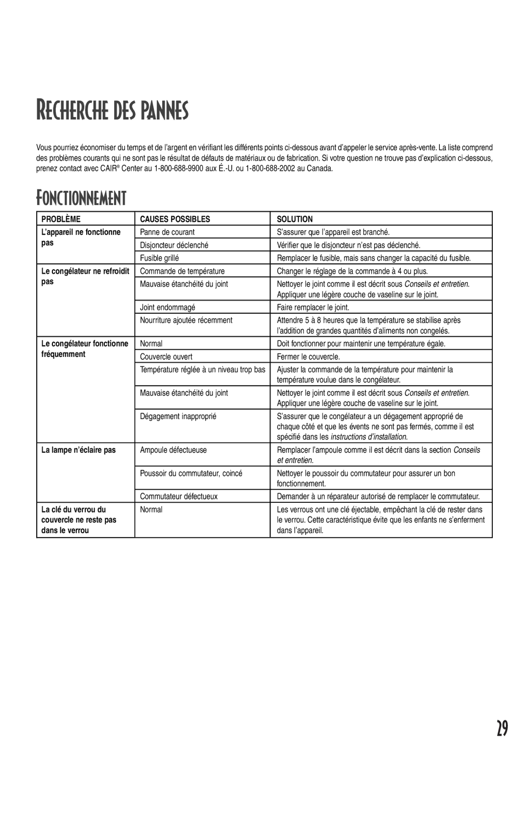 Amana Deepfreeze Chest Freezer owner manual Recherche des pannes, Fonctionnement 