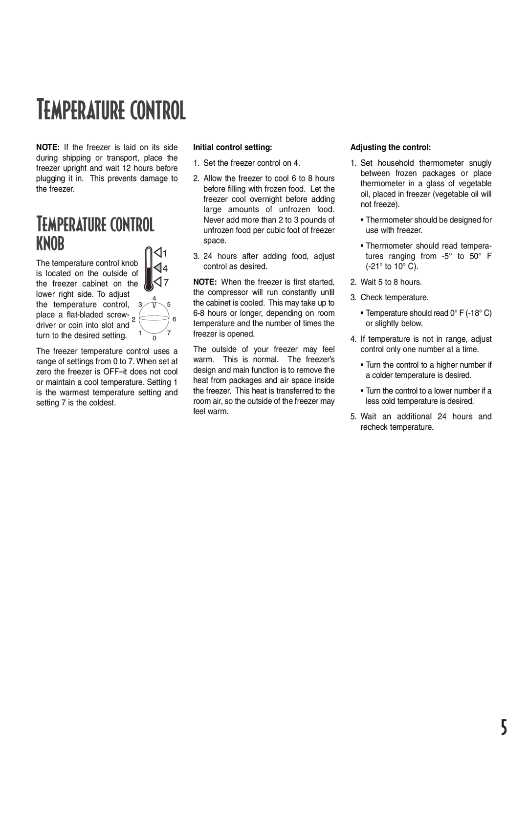 Amana Deepfreeze Chest Freezer owner manual Temperature control knob, Initial control setting, Adjusting the control 