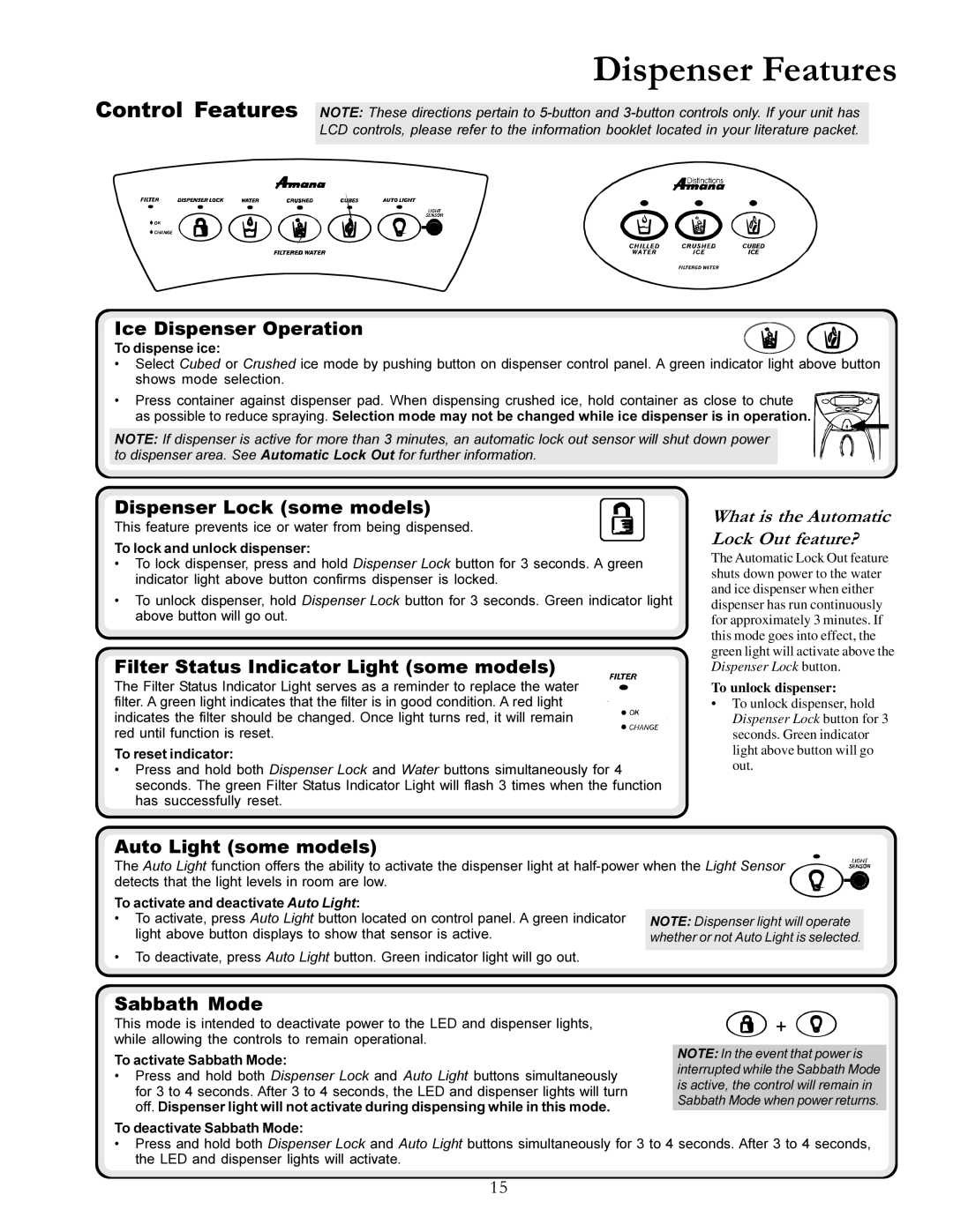 Amana DRS2663BW, DRSE663BC Ice Dispenser Operation, Dispenser Lock some models, Filter Status Indicator Light some models 