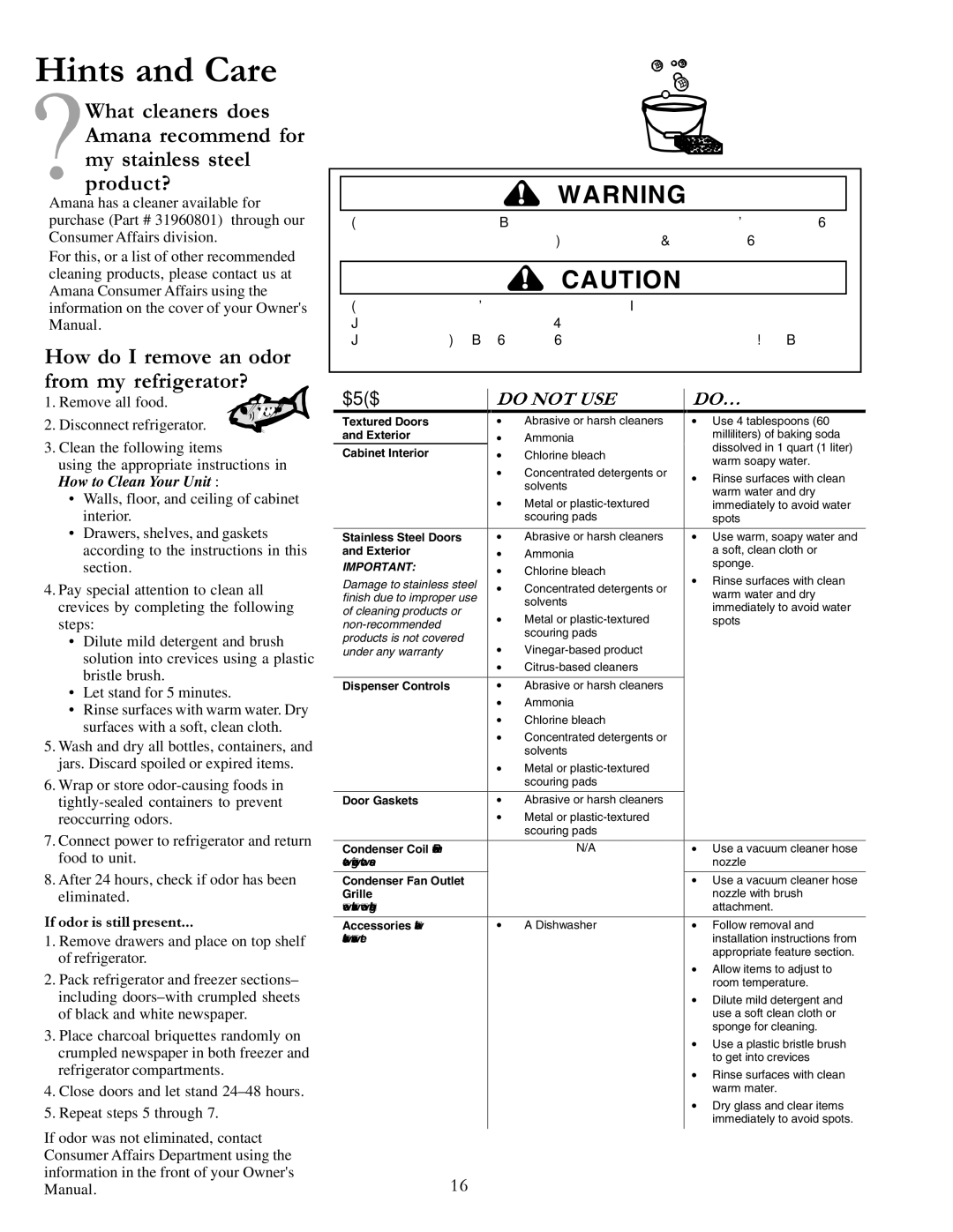 Amana DRS246RBW, DRSE663BC, DRSE663BW, DRS2663BB, DRS2663BW, DRS2663BC, DRSE663BB manual Hints and Care, If odor is still present 