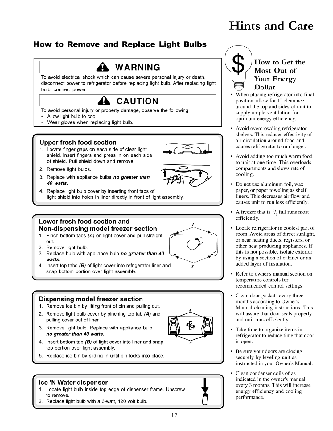 Amana DRS2663BC, DRSE663BC, DRSE663BW manual How to Remove and Replace Light Bulbs, How to Get, Most Out, Your Energy, Dollar 