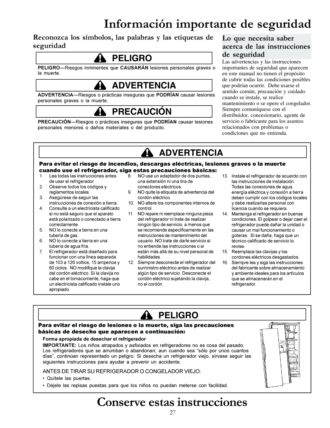 Amana DRS2663BW, DRSE663BC, DRSE663BW, DRS2663BB Conserve estas instrucciones, Forma apropiada de desechar el refrigerador 