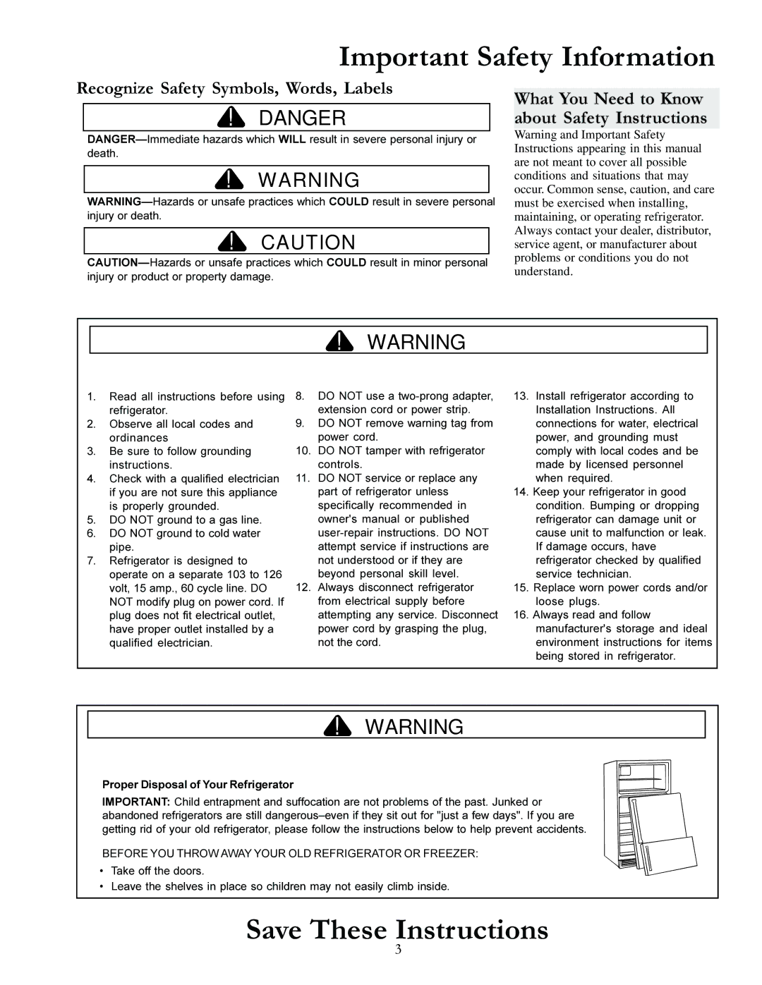 Amana DRS2663BW, DRSE663BC, DRSE663BW, DRS2663BB manual Important Safety Information, Recognize Safety Symbols, Words, Labels 