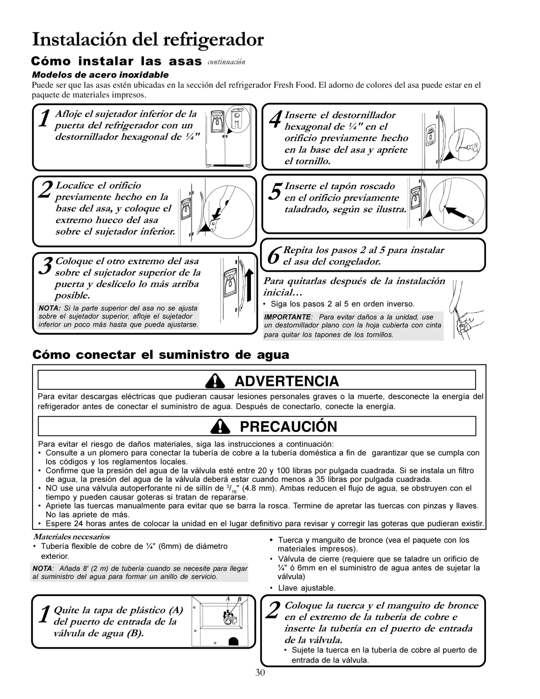 Amana DRSE663BB, DRSE663BC Cómo instalar las asas continuación, Cómo conectar el suministro de agua, Materiales necesarios 