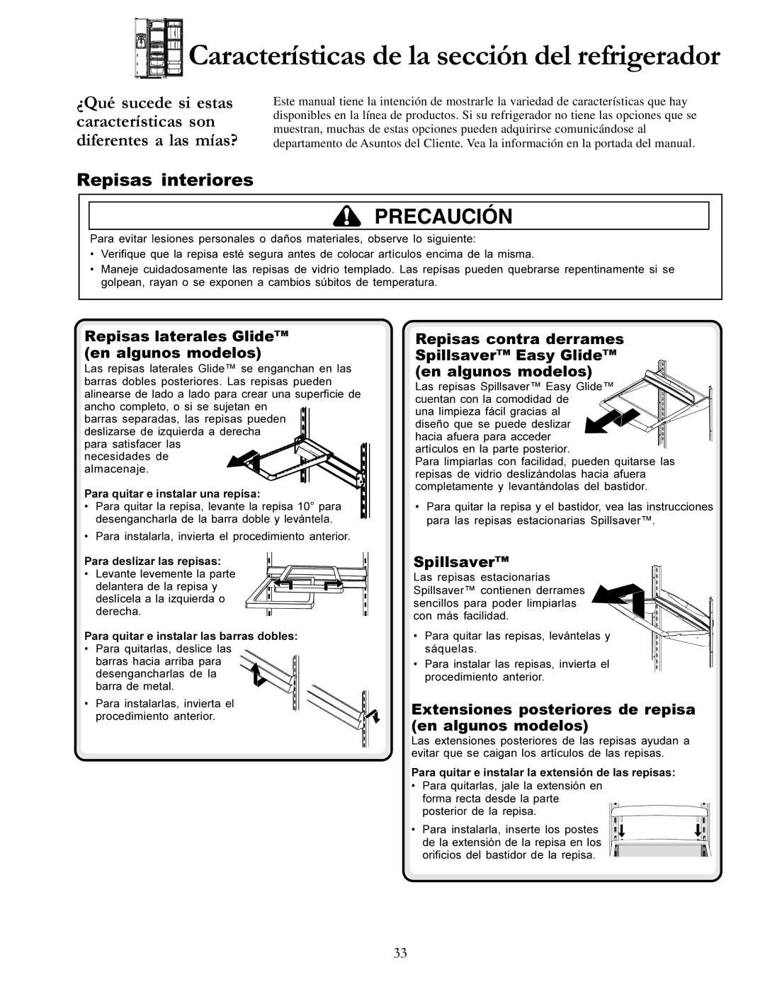 Amana DRS2462BB, DRSE663BC, DRSE663BW, DRS2663BB, DRS2663BW Repisas interiores, Repisas laterales Glide en algunos modelos 