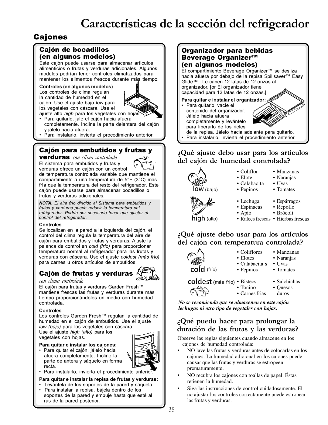 Amana DRS2462BW, DRSE663BC, DRSE663BW, DRS2663BB Cajones, Cajón de bocadillos en algunos modelos, Cajón de frutas y verduras 