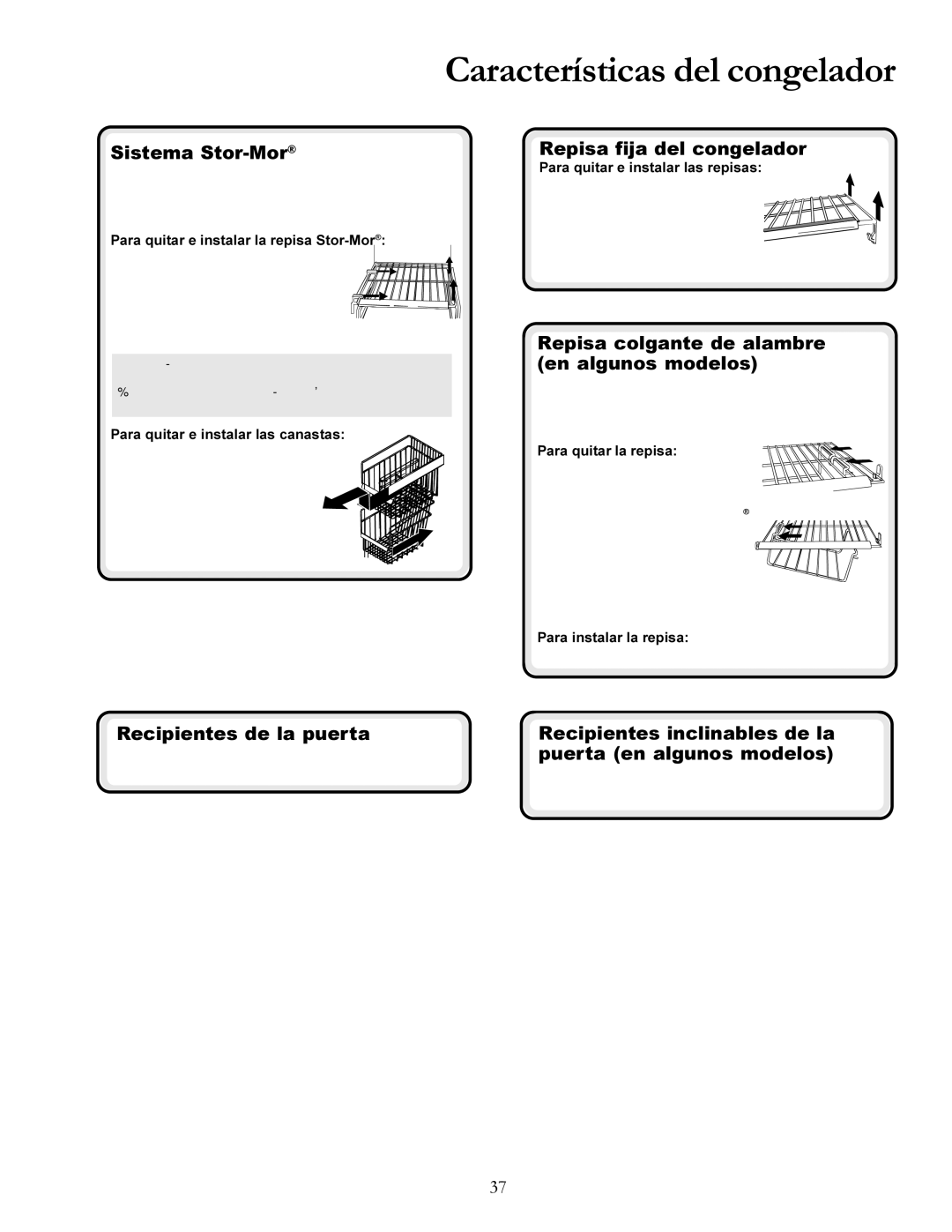 Amana DRSE663BW, DRSE663BC, DRS2663BB, DRS2663BW manual Características del congelador, Repisas, Almacenamiento en la puerta 